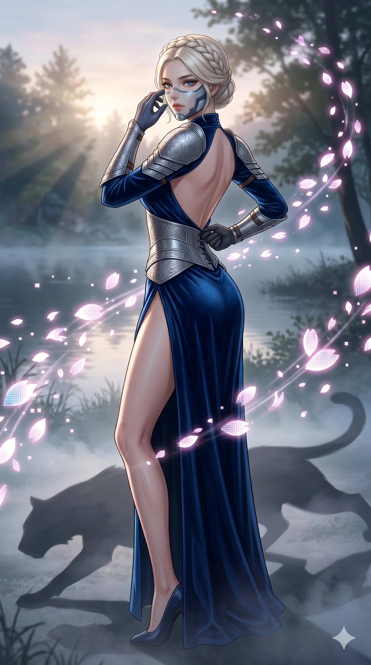 score_9, masterpiece, best quality, ultra-detailed, Set A: High-budget Anime Keyframe, Korean woman. Low angle cowboy shot filling the entire 9:16 frame with her statuesque presence. Adjusting a mask through a misty lakeside at dawn, while her shadow mimics the movements of a predator 65 and surrounded by digital sakura petals. She has an absolutely perfect 8-heads proportion, an exceptionally tall and slender female figure with impossibly long slender legs and an ultra-slim waist. Sharp v-shaped jawline, high-bridge nose, intricate jewel-like eyes with depth, thick eyelashes, glossy lips with a natural sheen. Wearing Backless velvet gown with silver engraved plate armor pieces and a high side slit. Cinematic lighting, vibrant colors, dramatic shadows, 2k, ultra detail, master piece, 9:16 ratio