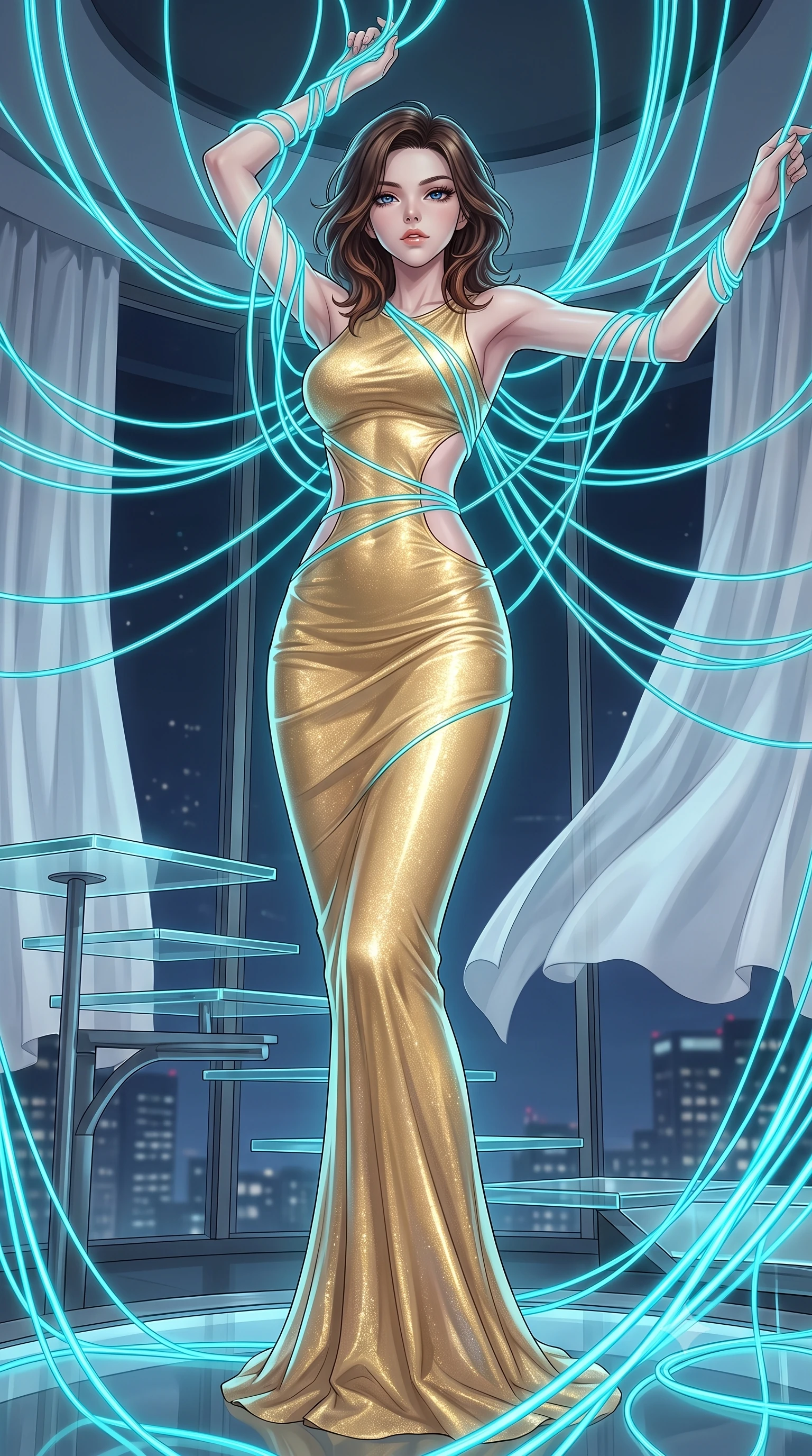 score_9, masterpiece, best quality, ultra-detailed, High-budget Anime Keyframe, East Asian woman. Low angle cowboy shot filling the entire 9:16 frame with her statuesque presence. Scenario 364: tangled in a web of glowing cyan fiber-optic cables inside a luxury sky-lounge with floating glass platforms and white silk drapes. Her presence is magnetic and overpowering in this high-budget anime scene. Outfit 364: a body-hugging shimmering chiffon gold with a strategic side cut-outs and tight-fitting silhouette. The clothing is designed to emphasize her exceptionally tall and slender 8-heads proportion. 8-heads proportion, towering silhouette, ultra-slim waist. sharp v-shaped jawline, intricate jewel-like eyes with depth, thick eyelashes, glossy lips. 2k, ultra detail, master piece, 9:16 ratio