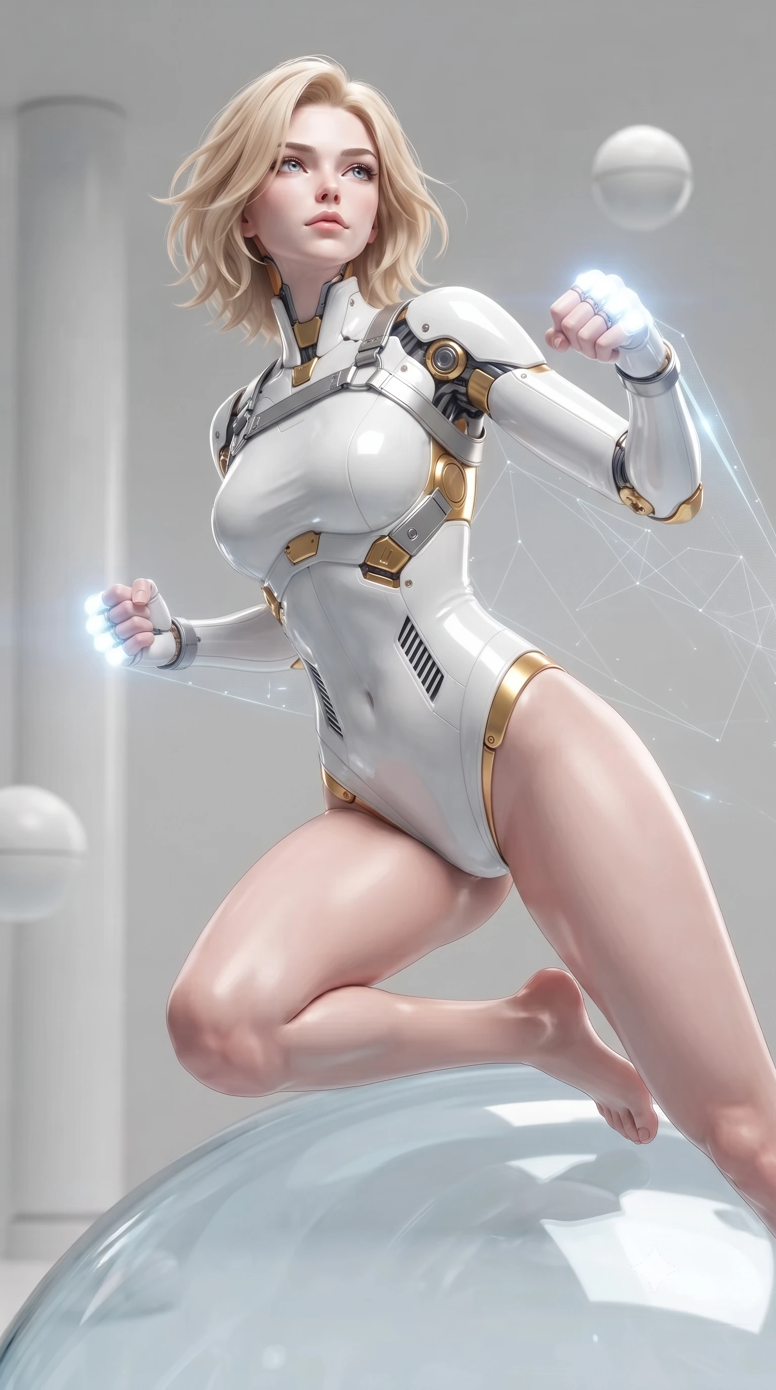 score_9, masterpiece, best quality, ultra-detailed, high-budget anime keyframe, editorial fashion photography, tasteful artistic composition, Caucasian woman. close-up cowboy shot from the waist and thighs up, the character dominates the composition, filling the frame with her large presence. tilting her head back with serene warrior composure, her sharp jawline and sculpted collarbones highlighted by glowing neon kinetic knuckles while launching off the transparent glass dome wall with supersonic speed, leaving a faint geometric data trail behind her silhouette. The composition keeps background elements in soft focus with creamy bokeh. minimalist quartz dojo pillars and floating zero-G training spheres softened in smooth atmospheric depth of field. She has an exceptionally elegant, slender, and willowy female figure with an ultra-slim waist, a gracefully sculpted slender torso, toned flat midriff, and a refined slim silhouette. sharp v-shaped jawline, high-bridge nose, intricate jewel-like eyes with depth, thick eyelashes, glossy lips with a natural sheen, flawlessly proportioned anatomical accuracy, strict slender model proportions, natural body alignment, perfectly sculpted long slender limbs, ultra-slim waistline, clean dynamic posture without body distortion. wearing a form-contouring arctic white carbon-composite martial arts leotard with solar gold articulation joints and diagonal midriff vents in monochrome white enamel carbon with high-contrast black panels, tailored from flexible second-skin carbon-mesh that clings flawlessly to her athletic curves, reinforced by a sleek titanium kinetic harness and glowing micro-energy straps, the liquid-tight tailored fabric emphasizing every curve of her tall, slender model proportions and sculptured silhouette during dynamic movement. illuminated by crisp white key light and sharp specular highlights tracing her ultra-slim waist and long legs. ultra-reflective glossy finish, specular highlights, dark metallic sheen, high-contrast stereoscopic depth, volumetric dynamic lighting, 2k, ultra detail, master piece, 9:16 ratio