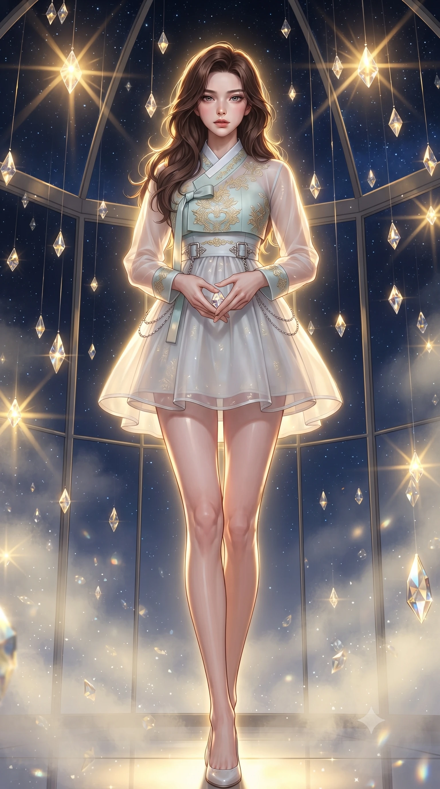 score_9, masterpiece, best quality, ultra-detailed, high-budget anime keyframe, editorial fashion photography, tasteful artistic composition, Korean woman. low angle full-body shot from head to toe showing her feet, filling the entire 9:16 vertical frame with her statuesque presence, stretching her vertical silhouette. forging confidently through the floating crystal mist, holding a poised statuesque stance, navigating a solarium filled with floating solar crystal prisms, dark navy sky outside contrasting with bright golden interior sunbursts. She has an absolutely perfect, statuesque 8.5-heads proportion, an exceptionally tall and slender model-like female figure with impossibly long slender legs and an ultra-slim waist. sharp v-shaped jawline, high-bridge nose, intricate jewel-like eyes with depth, thick eyelashes, glossy lips with a natural sheen. wearing modern fusion white hanbok dress with structured gold-embroidered bodice in pale opal seafoam, made of sheer opal chiffon overlay, framed by polished silver buckles and delicate chain details, highlighting her statuesque proportions and ultra-slim waistline. surrounded by a glowing golden aura with sharp rim highlights. ultra-reflective glossy finish, specular highlights, metallic sheen, high-contrast stereoscopic depth, volumetric dynamic lighting, 2k, ultra detail, master piece, 9:16 ratio