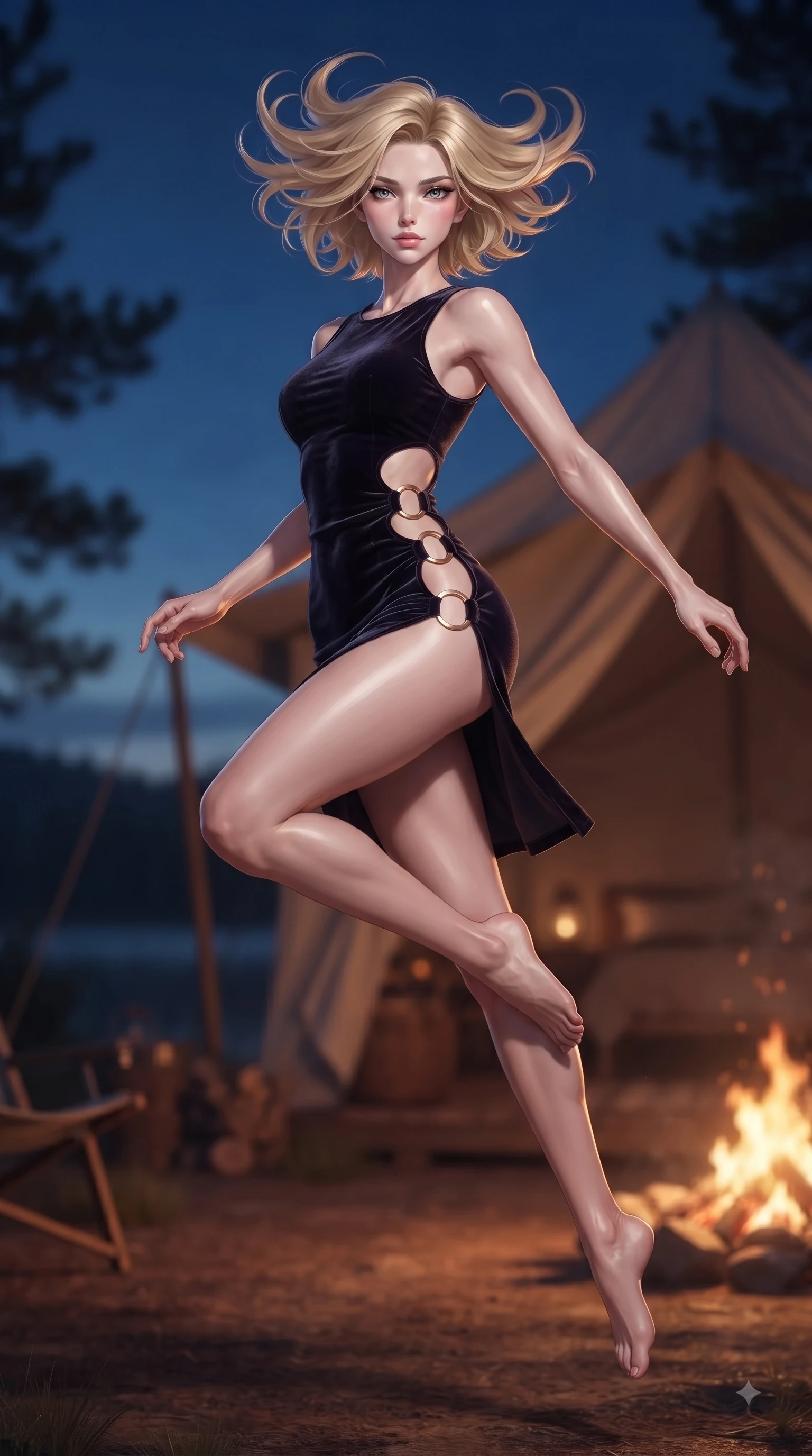 score_9, masterpiece, best quality, ultra-detailed, high-budget anime keyframe, editorial fashion photography, tasteful artistic composition, Caucasian woman woman. low angle full-body shot from head to toe showing her feet, filling the entire 9:16 vertical frame with her statuesque presence, stretching her vertical silhouette. She has an absolutely perfect, statuesque 8.5-heads proportion, an exceptionally tall and slender model-like female figure with impossibly long slender legs and an ultra-slim waist. leaping inside the glowing space with athletic poise, her hair swirling in a dynamic wind vortex, flawlessly proportioned anatomical accuracy, natural body alignment, perfectly sculpted elegant limbs, clean dynamic posture without body distortion. set against a soft-focus background of a luxury canvas tent deck overlooking a quiet pine lake at dusk. wearing a slitted cutout bodycon mini dress in dark velvet with gold ring hardware framing her waist. bathed in warm campfire glow contrasting with the deep twilight blue night sky. ultra-reflective glossy finish, specular highlights, metallic sheen, high-contrast stereoscopic depth, volumetric dynamic lighting, 2k, ultra detail, master piece, 9:16 ratio