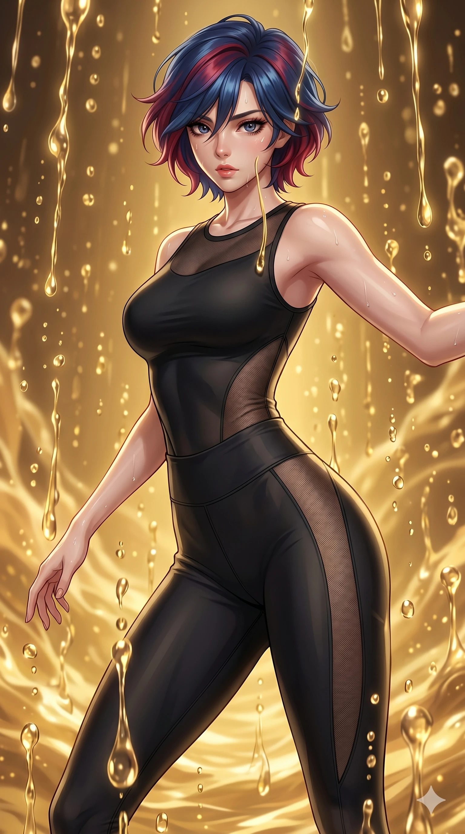 score_9, masterpiece, best quality, ultra-detailed, high-budget anime keyframe, Korean woman. upper body close-up from the thighs up, character filling the screen for maximum presence. dodging ethereal liquid gold rain that rises upward from the ground in warm shimmering droplets under an inverted gravity field. She has an absolutely perfect 8-heads proportion, an exceptionally tall and slender female figure with impossibly long slender legs and an ultra-slim waist. V-shaped jawline, high-bridge nose, intricate jewel-like eyes with depth, thick eyelashes, glossy lips with a natural sheen.. wearing a sheer mesh athleisure set, featuring a tight matte black top and leggings with semi-opaque mesh panels tracing the curves of her waist and thighs. lit by a soft glowing ambient light and a sharp side key light that traces the sleek contours of her athletic build. 2k, ultra detail, master piece, 9:16 ratio
