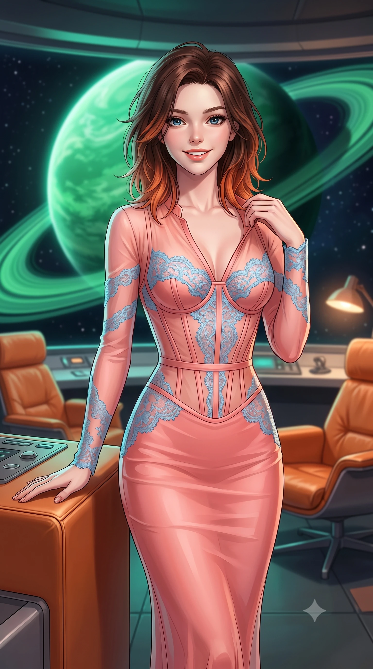 score_9, masterpiece, best quality, ultra-detailed, high-budget anime keyframe, editorial fashion photography, tasteful artistic composition, Korean woman. close-up cowboy shot from the waist and thighs up, the character dominates the composition, filling the frame with her large presence, background elements kept in soft focus. Gazing ahead with a happy, optimistic expression and a gentle smile. set against a soft-focus background of in a futuristic spaceship observation lounge with classic orange leather lounge chairs, looking through panoramic windows at a giant green ringed planet. She has an exceptionally elegant, slender, and willowy female figure with a highly-defined ultra-slim waist, a gracefully sculpted slender torso, and a refined slim-fit silhouette that contours her form. sharp v-shaped jawline, high-bridge nose, intricate jewel-like eyes with depth, thick eyelashes, glossy lips with a natural sheen. wearing an ultra-sheer silk gown in coral pink, with sky-blue lace insets and visible structured boning throughout the bodice. cool emerald light reflecting from the ringed planet outside, mixed with warm ambient reading lamps inside the solarium. 2k, ultra detail, master piece, 9:16 ratio