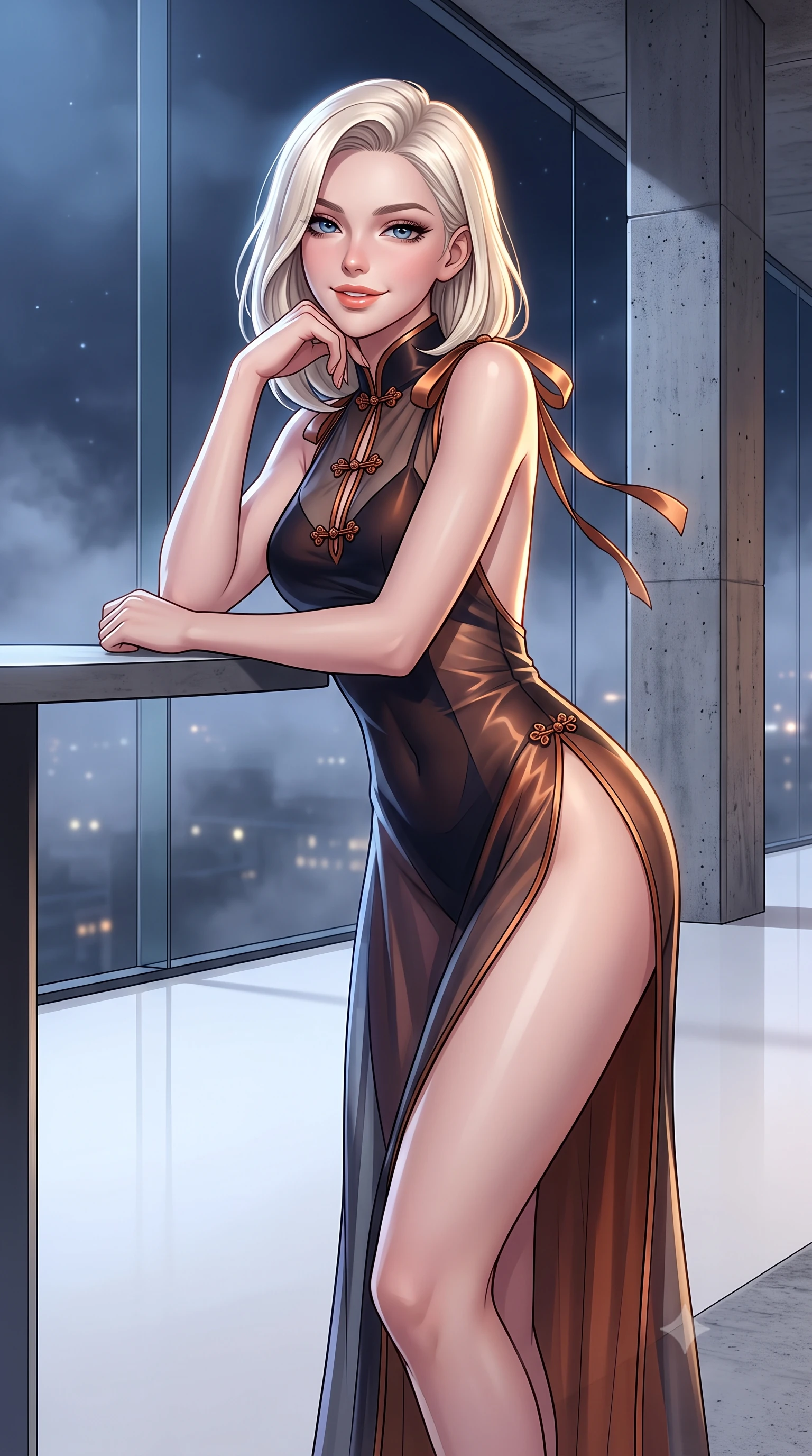 score_9, masterpiece, best quality, ultra-detailed, high-budget anime keyframe, semi-realistic 3D game render, editorial fashion photography, tasteful artistic composition, Caucasian woman. close-up cowboy shot from the waist and thighs up, the character dominates the composition, filling the frame with her large presence. resting one elbow on the table and supporting her chin, leaning close to the camera with heavy-lidded sparkling eyes and parted lips while leaning against the structural concrete mezzanine pillar with hips cocked back, looking through night mist with heavy-lidded bedroom-eyes. The surrounding environment is rendered in vivid detail and crisp panoramic clarity: sharp frameless structural glass joins, cast concrete column textures, and white resin floor gloss in deep focus. She has an exceptionally elegant, slender, and willowy female figure with an ultra-slim waist, flat toned midriff, narrow ribcage, and sculpted feminine hips creating an alluring, slim hourglass silhouette without bulk. sharp v-shaped jawline, high-bridge nose, intricate jewel-like sparkling eyes with depth, thick eyelashes, glossy parted lips with a natural peach sheen, bright cheerful beaming smile with an enchanting and coquettish sensual glint, exuding both youthful cute charm and seductive allure, flawlessly proportioned anatomical accuracy, strict slender model proportions, natural body alignment, perfectly sculpted long slender limbs, ultra-slim waistline, clean dynamic posture without body distortion. wearing a provocative sheer silk organza modern qipao dress with dramatic hip-high side slits and translucent mesh frog-button bodice in Lofoten midnight obsidian and warm hearth copper, crafted from translucent silk organza with an ethereal crystalline sheen, finished with satin ribbon ties at the shoulders fluttering in the gentle breeze, the precision-cut side openings and low-back scoop framing her graceful spine and the sensual sweep of her slim, toned hips. illuminated by floor specular reflection bounce and sharp platinum-gold rim lights sculpting her jawline, narrow waist, and curvy hips. highly saturated vibrant anime colors, detailed shading with soft gradients, rich glossy textures, high-contrast stereoscopic depth, volumetric dynamic lighting, master piece, 9:16 ratio