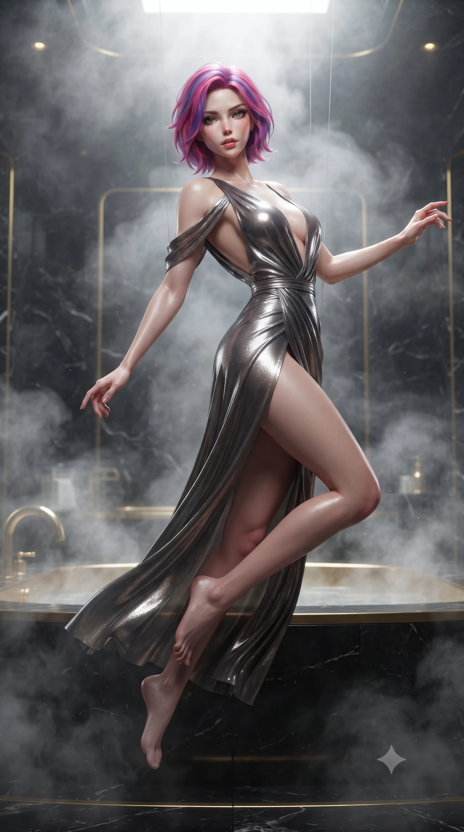 score_9, masterpiece, best quality, ultra-detailed, High-budget Anime Keyframe, editorial fashion photography, tasteful artistic composition, realistic cosplay photography, Caucasian woman, strictly human ears. Low angle cowboy shot filling the entire 9:16 frame with her statuesque presence. Scenario 359: suspended by invisible silk threads inside a steam-filled bathhouse built of black obsidian stone and gold accents. Her presence is magnetic and overpowering in this high-budget cinematic scene. Outfit 359: a tailored shimmering chiffon dangerous with a low-cut shoulder and wet-look texture. The clothing is designed to emphasize her exceptionally tall and slender 8-heads proportion. 8-heads proportion, towering silhouette, ultra-slim waist. sharp v-shaped jawline, intricate jewel-like eyes with depth, thick eyelashes, glossy lips. ultra-reflective glossy finish, specular highlights, metallic sheen, high-contrast stereoscopic depth, volumetric dynamic lighting, 2k, ultra detail, master piece, 9:16 ratio