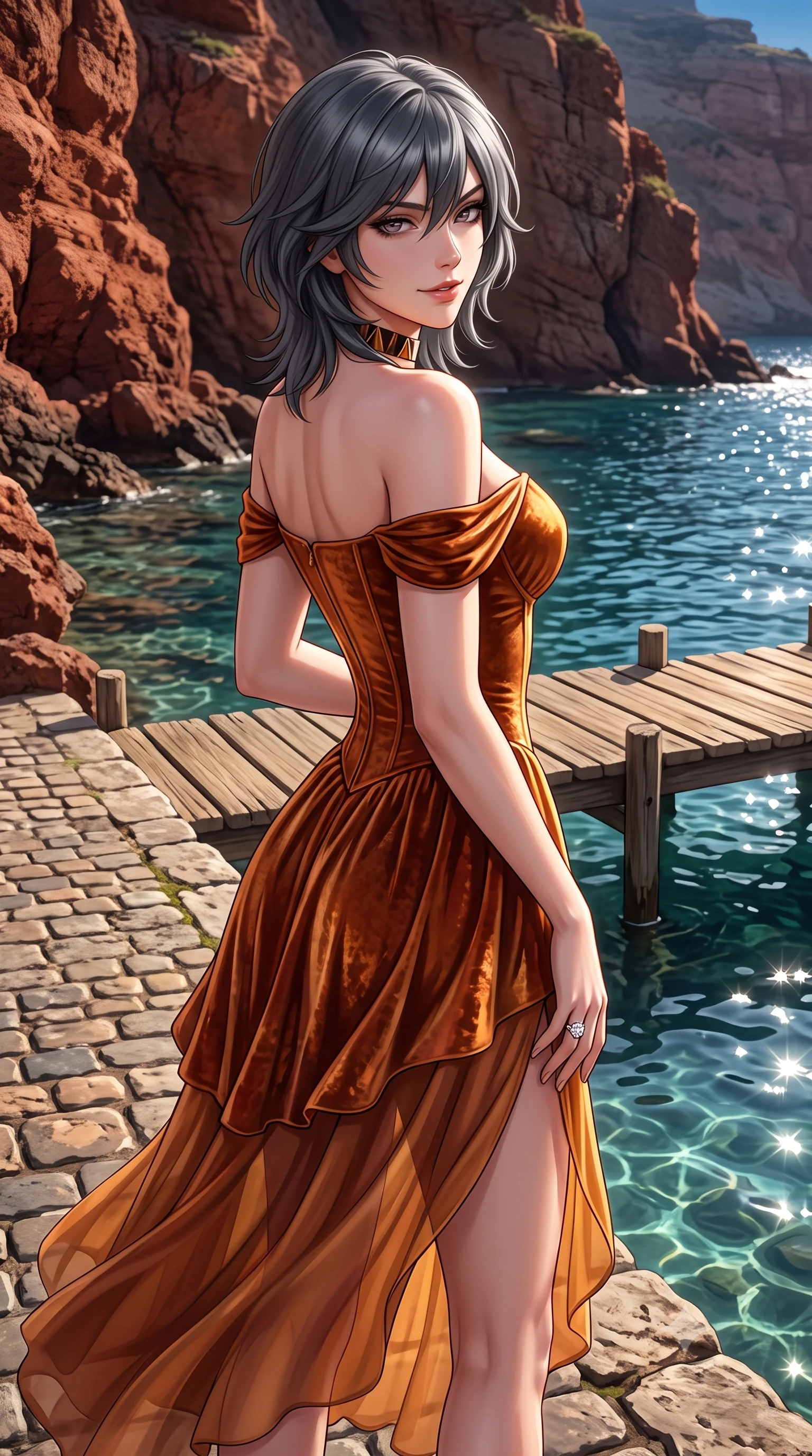 score_9, masterpiece, best quality, ultra-detailed, high-budget anime keyframe, semi-realistic 3D game render, editorial fashion photography, tasteful artistic composition, Caucasian woman. close-up cowboy shot from the waist and thighs up, the character dominates the composition, filling the frame with her large presence. turning over a bare shoulder with an intoxicating, teasing smile, her soft hair framing her sharp jawline as her hips angle gracefully while standing poised on the cobblestone taverna terrace, twisting her slender torso in an alluring contrapposto stance as the evening Aegean breeze flutters her dress. The surrounding environment is rendered in vivid detail and crisp panoramic clarity. sharp volcanic red stone cliff textures, rustic wooden dock planks, and clear Aegean water caustics in deep focus. She has an exceptionally elegant, slender, and willowy female figure with an ultra-slim waist, flat toned midriff, narrow ribcage, and sculpted feminine hips creating an alluring, slim hourglass silhouette without bulk. sharp v-shaped jawline, high-bridge nose, intricate jewel-like eyes with depth, thick eyelashes, glossy parted lips with a natural sheen, intensely captivating and seductive bedroom-eyes expression, flawlessly proportioned anatomical accuracy, strict slender model proportions, natural body alignment, perfectly sculpted long slender limbs, ultra-slim waistline, clean dynamic posture without body distortion. wearing an off-shoulder French court corset bodice dress paired with a tiered translucent chiffon slit skirt in rich copper bronze and warm amber, crafted from heavyweight crushed silk velvet with liquid vintage luster, complemented by a bold geometric choker and sparkling cocktail ring, the glove-like aerodynamic silhouette tightly following the natural contour of her hips and long slender legs with statuesque 8.5-heads elegance. illuminated by sparkling sea surface glints sharply carving her razor-sharp jawline, narrow waist, and curvy hips. highly saturated vibrant anime colors, detailed shading with soft gradients, rich glossy textures, high-contrast stereoscopic depth, volumetric dynamic lighting, master piece, 9:16 ratio