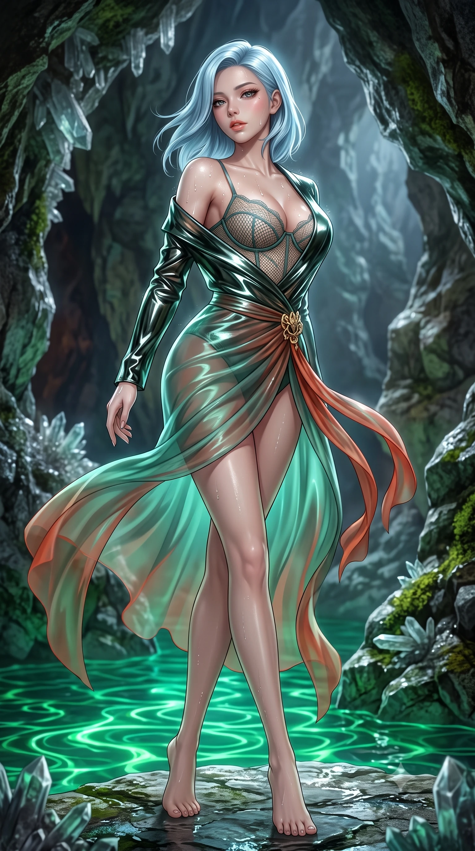 score_9, masterpiece, best quality, ultra-detailed, high-budget anime keyframe, semi-realistic 3D game render, editorial fashion photography, tasteful artistic composition, Korean woman. low angle full-body shot from head to toe showing her feet, filling the entire 9:16 vertical frame with her statuesque presence, stretching her vertical silhouette. executing a slow, graceful pivot turn as her skirt sways around her slender legs, glancing back with an enchanting, teasing sensual expression while twisting her slender torso in an alluring contrapposto stance, bioluminescent green water reflections dancing hypnotic patterns across her curves. The surrounding environment is rendered in vivid detail and crisp panoramic clarity: detailed semi-sheer mesh monokini weave, dewy moisture beads on skin, and natural cavern geology in razor-sharp precision. She has an absolutely perfect, statuesque 8.5-heads proportion, an exceptionally tall and slender model-like female figure with impossibly long slender legs, an ultra-slim waist, a flat toned midriff, narrow delicate ribcage, and beautifully sculpted feminine hips creating a graceful, slim hourglass silhouette without any bulky heaviness. sharp v-shaped jawline, high-bridge nose, sparkling eyes with hypnotic seductive depth, thick curled eyelashes, glossy parted lips with a natural dewy peach sheen, alluring bedroom-eyes with an enchanting coquettish smile, exuding magnetic siren charisma and sophisticated glamour, flawlessly proportioned anatomical accuracy, strict slender model proportions, natural body alignment, perfectly sculpted long slender limbs, ultra-slim waistline, clean dynamic posture without body distortion. wearing a delicate French lace underwire bustier paired with a draped sheer chiffon wrap mini skirt and gold hip brooch in Kyoto bamboo jade and lacquer vermilion, crafted from wet-look high-gloss vinyl fabric with dazzling specular surface reflections, finished with glistening drops of hot spring or lagoon water beading across her sculpted shoulders and collarbones, the high-slit wrap tailoring accentuating her ultra-slim waistline and the enchanting curve of her feminine hips with alluring seductive charm. illuminated by subterranean water reflection bounce and sharp icy-platinum rim lights defining her delicate clavicles, narrow waist, and curvy hips. highly saturated vibrant anime colors, detailed shading with soft gradients, rich glossy textures, high-contrast stereoscopic depth, volumetric dynamic lighting, master piece, 9:16 ratio