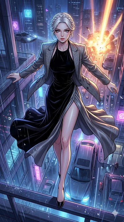 score_9, masterpiece, best quality, ultra-detailed, high-budget anime movie keyframe, cinematic anime lighting, intricate line art, Korean woman. Extreme high angle shot as she leaps towards the camera, filling the frame. leaping from a high-rise bal