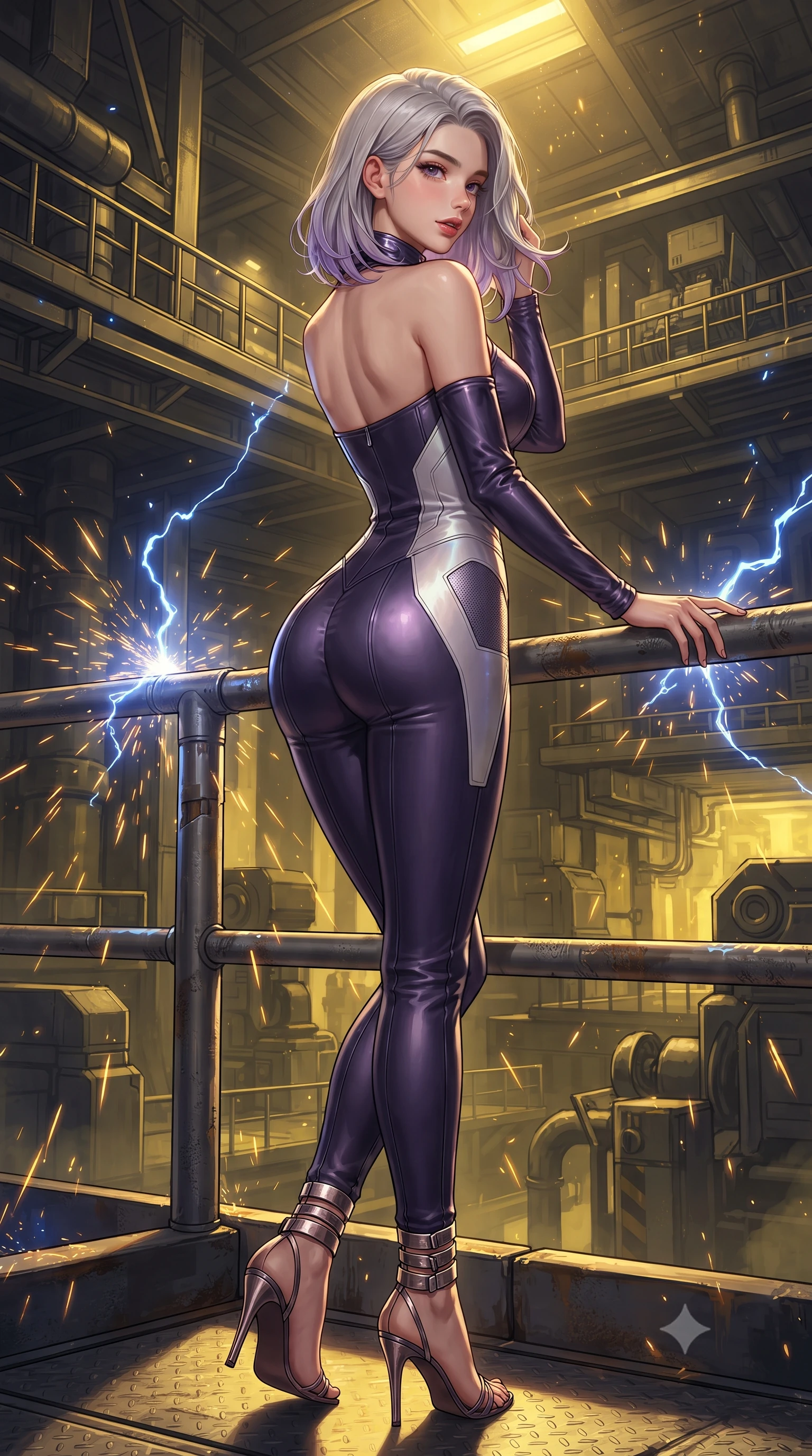 score_9, masterpiece, best quality, ultra-detailed, high-budget anime keyframe, editorial fashion photography, tasteful artistic composition, Caucasian woman. close-up cowboy shot from the waist and thighs up, the character dominates the composition, filling the frame with her large presence. posing in an alluring rear three-quarter angle, looking over a bare shoulder with parted glossy lips, her hips cocked back to highlight her slim hourglass curve while leaning against the heavy reinforced steel railing with hips cocked back, looking through shower of magnetic track sparks with intoxicating bedroom-eyes. The surrounding environment is rendered in vivid detail and crisp panoramic clarity: detailed garment construction, tactical leather sheen, and monumental subterranean infrastructure in high resolution. She has an exceptionally elegant, slender, and willowy female figure with an ultra-slim waist, flat toned midriff, narrow ribcage, and sculpted feminine hips creating an alluring, slim hourglass silhouette without bulk. sharp v-shaped jawline, high-bridge nose, intricate jewel-like sparkling eyes with depth, thick eyelashes, glossy parted lips with a natural peach sheen, bright cheerful beaming smile with an enchanting and coquettish sensual glint, exuding both youthful cute charm and seductive allure, flawlessly proportioned anatomical accuracy, strict slender model proportions, natural body alignment, perfectly sculpted long slender limbs, ultra-slim waistline, clean dynamic posture without body distortion. wearing a form-fitting orbital flight command jumpsuit in dark purple liquid satin with a high collar, contouring tightly to her narrow waist and feminine hips in holographic prismatic pearl and aerospace white, crafted from fluid liquid silk satin that clings smoothly to her narrow waist and rounded hips with a dewy sheen, complemented by strappy stiletto sandals with metallic ankle wraps accentuating her slender calves, the bespoke structured tailoring following the natural line of her 8.5-heads silhouette with refined elegance. bathed in high-contrast industrial sodium-vapor yellow lighting punctuated by bright blue electrical spark flashes. ultra-reflective glossy finish, specular highlights, rich textural contrasts, high-contrast stereoscopic depth, volumetric dynamic lighting, 2k, ultra detail, master piece, 9:16 ratio
