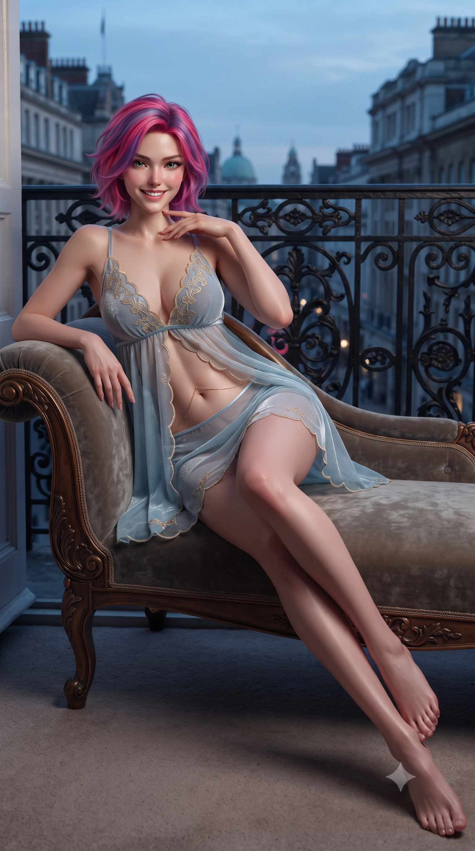 score_9, masterpiece, best quality, ultra-detailed, high-budget anime keyframe, editorial fashion photography, tasteful artistic composition, Caucasian woman. low angle full-body shot from head to toe showing her feet, filling the entire 9:16 vertical frame with her statuesque presence, stretching her vertical silhouette. leaning deep against the balcony balustrade with hips cocked back in an unapologetically alluring high-fashion stance, casting an intoxicating glance while lounging in the antique velvet recamier chaise propped on one elbow with legs crossed, running one manicured hand slowly down her neck with teasing seductive charm. The surrounding environment is rendered in vivid detail and crisp panoramic clarity: detailed plunge-front sheer illusion tulle evening slip, velvet ribbon piping, and historic British craftsmanship in razor-sharp precision. She has an exceptionally tall and slender model-like 8.5-heads proportion, an ultra-slim waist, a flat toned midriff, narrow delicate ribcage, and beautifully sculpted feminine hips creating a graceful, slim hourglass silhouette without any bulky heaviness, with impossibly long slender legs. sharp v-shaped jawline, high-bridge nose, intricate jewel-like sparkling eyes with depth, thick eyelashes, glossy parted lips with a natural peach sheen, bright cheerful beaming smile with an enchanting and coquettish sensual glint, exuding both youthful cute charm and seductive allure, flawlessly proportioned anatomical accuracy, strict slender model proportions, natural body alignment, perfectly sculpted long slender limbs, ultra-slim waistline, clean dynamic posture without body distortion. wearing an alluring semi-sheer silk organza babydoll slip with plunging gold-embroidered neckline and scalloped hem in Tromsø icy arctic blue and frosted platinum, tailored from ultra-plush silk velvet with rich tactile depth and deep shadow gradients, accented with a dainty gold belly chain resting across her flat midriff and curving hips, the second-skin tailored fabric adhering flawlessly to her sculpted flat midriff and slender torso, emphasizing her long leg lines and perfectly proportioned willowy build. illuminated by mirror reflection fill and sharp flame-gold rim lights defining her dewy collarbones, ultra-slim waist, and curvy hips. ultra-reflective glossy finish, specular highlights, rich textural contrasts, high-contrast stereoscopic depth, volumetric dynamic lighting, 2k, ultra detail, master piece, 9:16 ratio