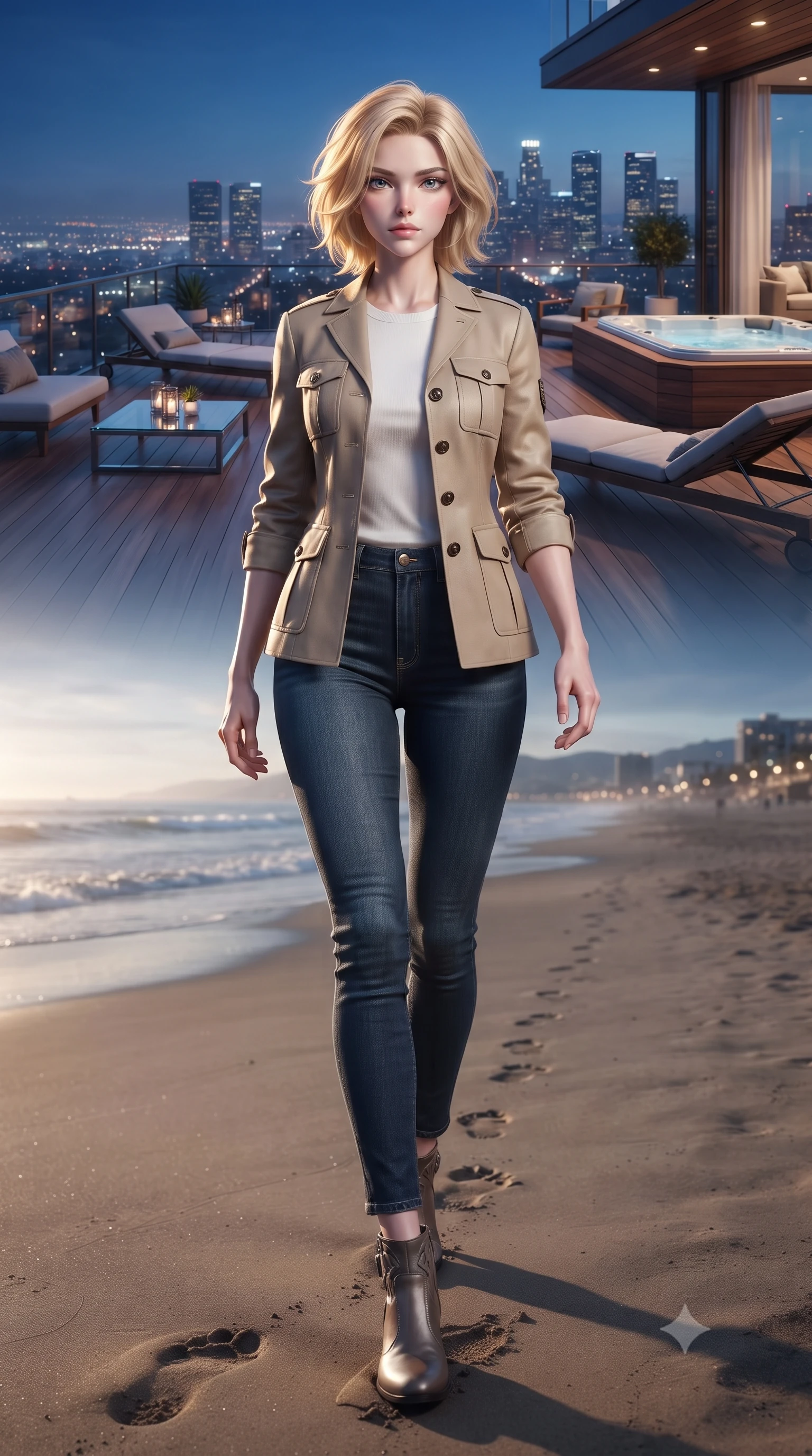score_9, masterpiece, best quality, ultra-detailed, high-budget anime keyframe, editorial fashion photography, tasteful artistic composition, Caucasian woman woman. low angle full-body shot from head to toe showing her feet, filling the entire 9:16 vertical frame with her statuesque presence, stretching her vertical silhouette. walking slowly along the shoreline, leaving footprints in the wet sand the background shows a soft-focus a wooden deck of a high-rise penthouse, with outdoor furniture and a private jacuzzi. She has an absolutely perfect, statuesque 8.5-heads proportion, an exceptionally tall and slender model-like female figure with impossibly long slender legs and an ultra-slim waist. sharp v-shaped jawline, high-bridge nose, intricate jewel-like eyes with depth, thick eyelashes, glossy lips with a natural sheen. wearing a tailored tailored beige safari jacket over a white crewneck top and dark blue jeans. glittering city lights starting to turn on in the blue twilight background. ultra-reflective glossy finish, specular highlights, metallic sheen, high-contrast stereoscopic depth, volumetric dynamic lighting, 2k, ultra detail, master piece, 9:16 ratio