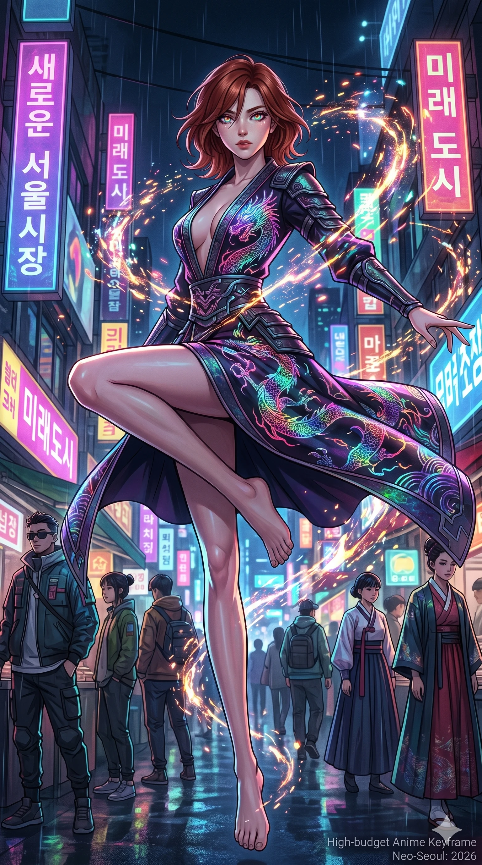 score_9, masterpiece, best quality, ultra-detailed, Set A: High-budget Anime Keyframe, Japanese woman. Low angle cowboy shot filling the entire 9:16 frame with her statuesque presence. Leaping through a neon-lit Neo-Seoul market, while her eyes glow with 200 different colors and surrounded by glowing energy sparks. She has an absolutely perfect 8-heads proportion, an exceptionally tall and slender female figure with impossibly long slender legs and an ultra-slim waist. Sharp v-shaped jawline, high-bridge nose, intricate jewel-like eyes with depth, thick eyelashes, glossy lips with a natural sheen. Wearing Traditional fusion robe with a deep V-cut and holographic dragon embroidery. Cinematic lighting, vibrant colors, dramatic shadows, 2k, ultra detail, master piece, 9:16 ratio