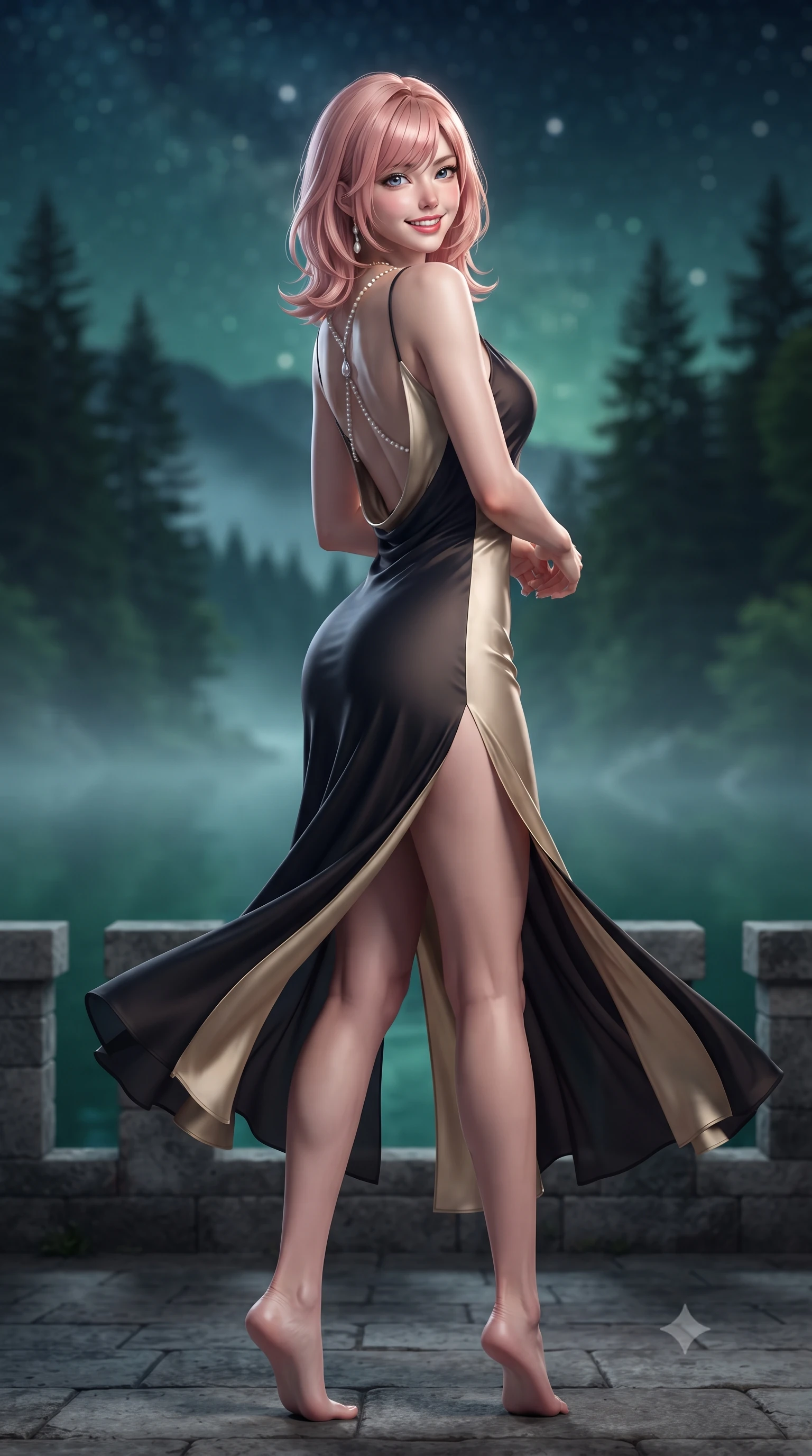 score_9, masterpiece, best quality, ultra-detailed, high-budget anime keyframe, editorial fashion photography, tasteful artistic composition, Japanese woman. low angle full-body shot from head to toe showing her feet, filling the entire 9:16 vertical frame with her statuesque presence, stretching her vertical silhouette. executing a slow, graceful pivot turn as her skirt sways around her slender legs, glancing back with an enchanting, teasing sensual expression while standing poised on the castellated stone balcony overlooking the misty emerald waters of the Alpsee lake and dark pine forests, arching her lower back with regal high-fashion ease. The background shows a soft-focus emerald waters of the Alpsee lake veiled in nocturnal mist, towering dark Bavarian fir and pine forests, and starry alpine sky blurred into jade, slate, and sapphire bokeh. She has an exceptionally tall and slender model-like 8.5-heads proportion, an ultra-slim waist, a flat toned midriff, narrow delicate ribcage, and beautifully sculpted feminine hips creating a graceful, slim hourglass silhouette without any bulky heaviness, with impossibly long slender legs. sharp v-shaped jawline, high-bridge nose, intricate jewel-like sparkling eyes with depth, thick eyelashes, glossy parted lips with a natural peach sheen, bright cheerful beaming smile with an enchanting and coquettish sensual glint, exuding both youthful cute charm and seductive allure, flawlessly proportioned anatomical accuracy, strict slender model proportions, natural body alignment, perfectly sculpted long slender limbs, ultra-slim waistline, clean dynamic posture without body distortion. wearing a form-contouring gossamer silk chiffon slip dress with a hip-high slit and open cowl back clinging with dewy moisture in deep midnight obsidian black and champagne gold, crafted from bespoke double-faced cashmere with an exceptionally soft tactile finish, accented with a pearl-drop body harness subtly framing her dewy collarbones and spine, the bespoke structured tailoring following the natural line of her 8.5-heads silhouette with refined elegance. illuminated by stone terrace bounce and sharp platinum-gold rim lights sculpting her jawline, narrow waist, and curvy hips. ultra-reflective glossy finish, specular highlights, rich textural contrasts, high-contrast stereoscopic depth, volumetric dynamic lighting, 2k, ultra detail, master piece, 9:16 ratio