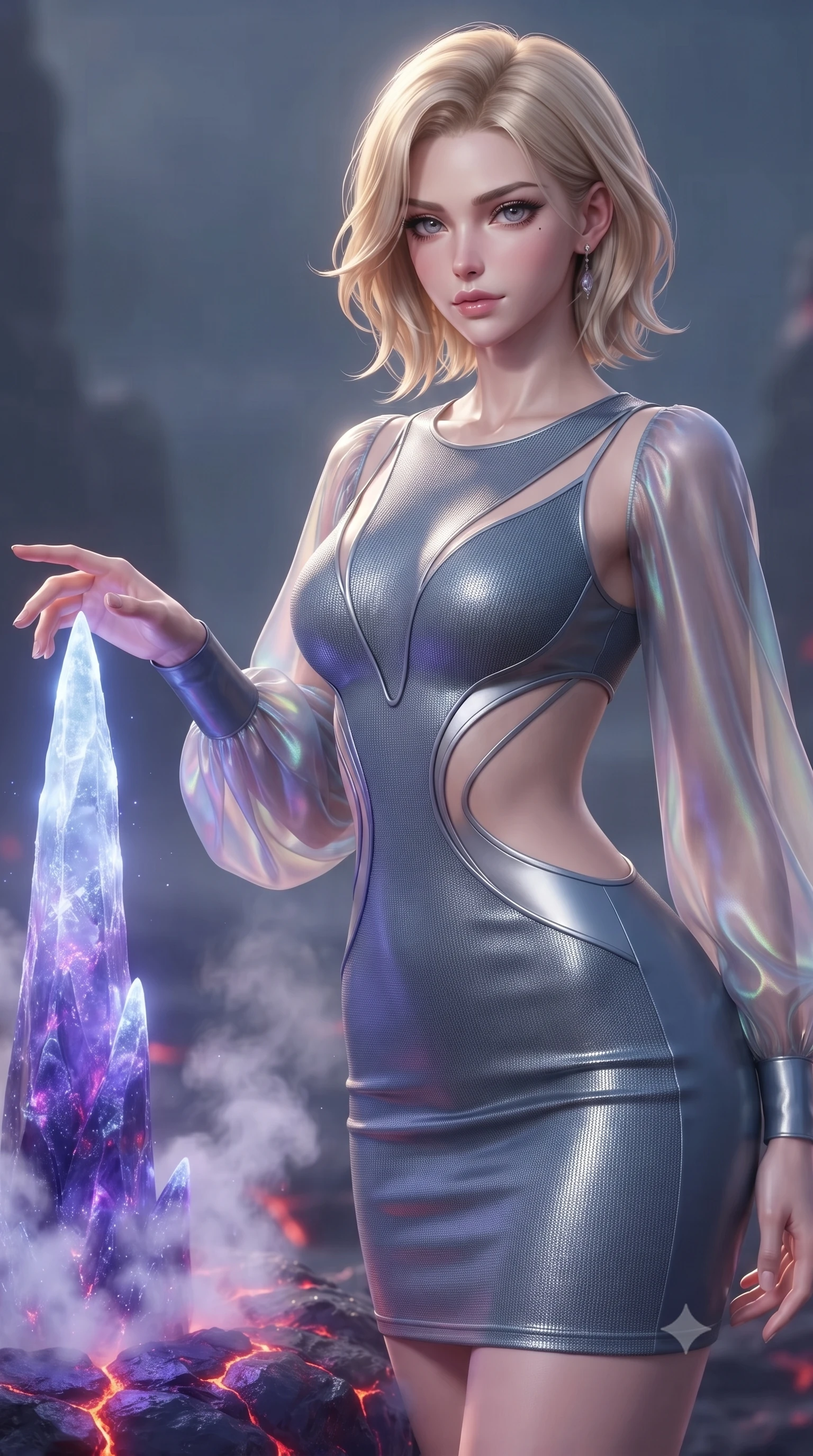 score_9, masterpiece, best quality, ultra-detailed, high-budget anime keyframe, editorial fashion photography, tasteful artistic composition, Caucasian woman. close-up cowboy shot from the waist and thighs up, the character dominates the composition, filling the frame with her large presence, background elements kept in soft focus. Reaching one hand gracefully toward the viewer with effortless superiority and allure touching a frozen lava crystal spire glowing with high-energy plasma, steam clouds rising from lava cracks reflecting deep violet and indigo. She has an exceptionally elegant, slender, and willowy female figure with an ultra-slim waist, a gracefully sculpted slender torso, and a refined silhouette. sharp v-shaped jawline, high-bridge nose, intricate jewel-like eyes with depth, thick eyelashes, glossy lips with a natural sheen. wearing a sleek bodycon knit dress with sheer organza sleeve panels in slate blue and metallic silver, crafted from iridescent chiffon that shifts colors in the light, featuring clean architectural cutouts along her slender torso, the elegant draped fit framing her graceful clavicle and slender torso. surrounded by an extraordinary elemental clash radiance. ultra-reflective glossy finish, specular highlights, metallic sheen, high-contrast stereoscopic depth, volumetric dynamic lighting, 2k, ultra detail, master piece, 9:16 ratio