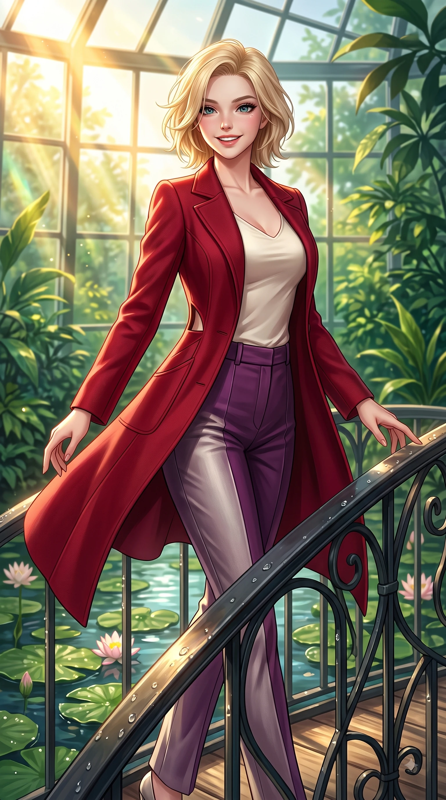 score_9, masterpiece, best quality, ultra-detailed, high-budget anime keyframe, editorial fashion photography, tasteful artistic composition, Caucasian woman. close-up cowboy shot from the waist and thighs up, the character dominates the composition, filling the frame with her large presence. Youthful cheerful smile exuding cute playful charm and radiant sparkle in her eyes while pivoting gracefully on a wrought-iron bridge over a lotus pond dripping with morning dew. The surrounding environment is rendered in vivid detail and crisp panoramic clarity. rich emerald green foliage and sunlit glass refractions captured with high environmental clarity. She has an exceptionally elegant, slender, and willowy female figure with an ultra-slim waist, a gracefully sculpted slender torso, and a refined silhouette. sharp v-shaped jawline, high-bridge nose, intricate jewel-like eyes with depth, thick eyelashes, glossy lips with a natural sheen, flawlessly proportioned anatomical accuracy, natural body alignment, perfectly sculpted elegant limbs, clean dynamic posture without body distortion. wearing a tailored crimson red wool coat over a fitted ivory silk top and tailored trousers in rich plum violet and metallic platinum, crafted from soft breathable Italian linen, complemented by clean architectural seams and subtle cutouts, the fluid drape swaying gracefully with her dynamic editorial movement. bathed in bright golden sunbeams streaming through glasshouse panes. highly saturated vibrant anime colors, detailed shading with soft gradients, rich glossy textures, high-contrast stereoscopic depth, volumetric dynamic lighting, master piece, 9:16 ratio