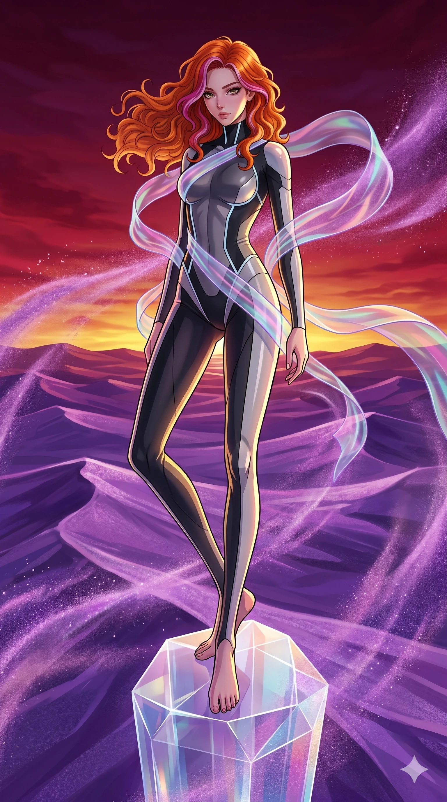 score_9, masterpiece, best quality, ultra-detailed, high-budget anime keyframe, Caucasian woman, strictly human ears. low angle full-body shot filling the entire 9:16 frame with her statuesque presence, stretching the vertical silhouette. standing atop a transparent salt crystal tower in a purple crystalline desert as winds blow shimmering purple dust under a crimson sunset. She has an absolutely perfect 8-heads proportion, an exceptionally tall and slender female figure with impossibly long slender legs and an ultra-slim waist. V-shaped jawline, high-bridge nose, intricate jewel-like eyes with depth, thick eyelashes, glossy lips with a natural sheen.. wearing a cybernetic bodysuit with a holographic ribbon, featuring a skin-tight contouring bodysuit wrapped in a translucent flowing holographic organza ribbon. accented by dynamic color-blocked lighting with high-contrast shadows emphasizing her statuesque height. 2k, ultra detail, master piece, 9:16 ratio