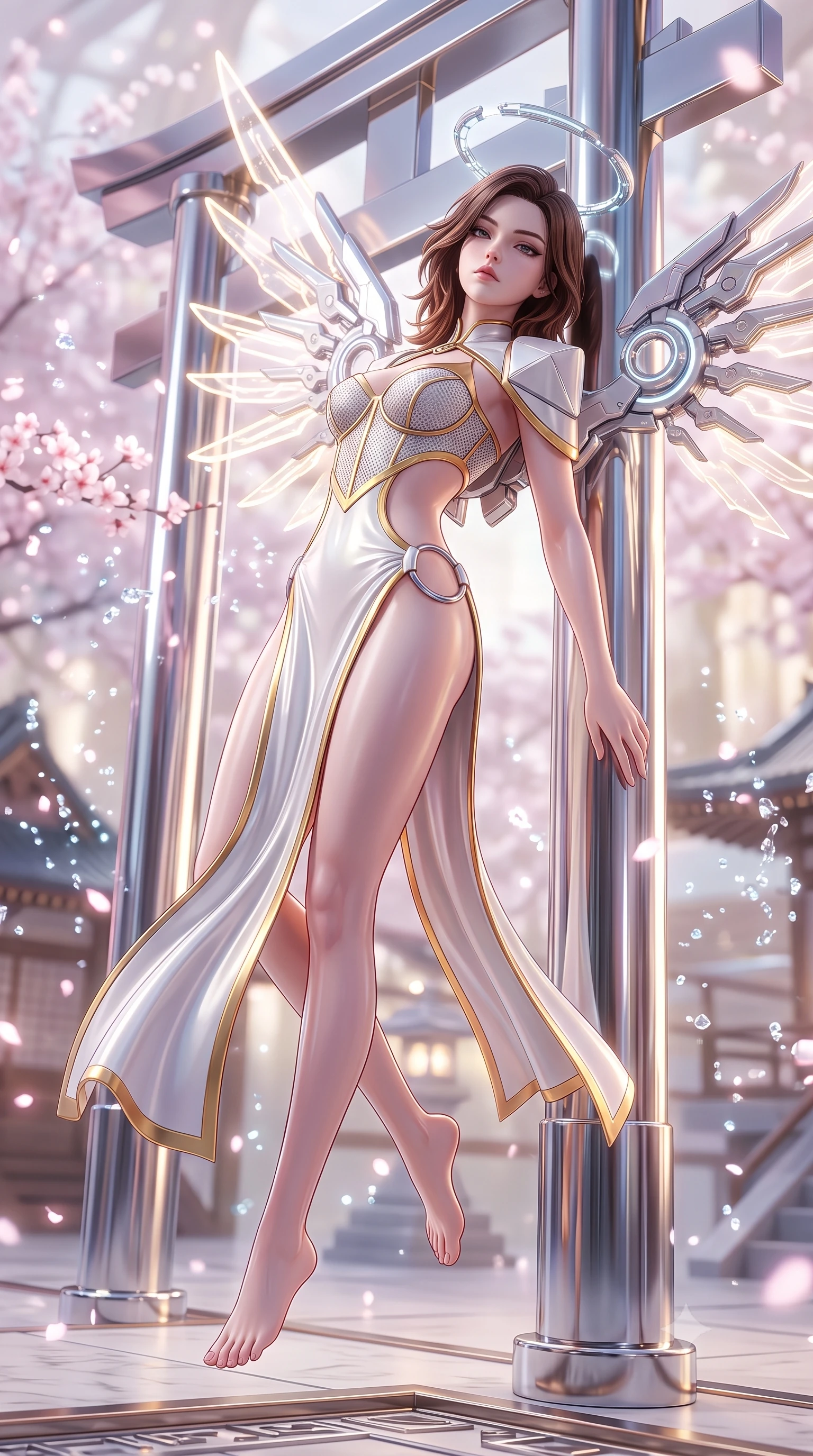 score_9, masterpiece, best quality, ultra-detailed, high-budget anime keyframe, semi-realistic 3D game render, editorial fashion photography, tasteful artistic composition, Korean woman. low angle full-body shot from head to toe showing her feet, filling the entire 9:16 vertical frame with her statuesque presence, stretching her vertical silhouette. arching her back gracefully in mid-air as glowing mechanical wings and floating cybernetic halos frame her statuesque presence while leaning against a chrome torii pillar with a serene, haughty gaze as digital cherry blossoms float past. The composition keeps background elements in soft focus with creamy bokeh. sparkling water matrix light motes creating a soft, luminous background curtain. She has an absolutely perfect, statuesque 8.5-heads proportion, an exceptionally tall and slender model-like female figure with impossibly long slender legs, a toned flat midriff, and an ultra-slim waist. sharp v-shaped jawline, high-bridge nose, intricate jewel-like eyes with depth, thick eyelashes, glossy lips with a natural sheen, flawlessly proportioned anatomical accuracy, strict slender model proportions, natural body alignment, perfectly sculpted long slender limbs, ultra-slim waistline, clean dynamic posture without body distortion. wearing a structured titanium-mesh bustier with geometric shoulder pauldrons and an ultra-slender liquid jersey drape in pristine liquid pearl white and radiant solar gold trim, formed from high-gloss patent material with specular chiaroscuro reflections, detailed with polished silver rings connecting the daring side-waist cutouts, the glove-like aerodynamic second-skin fit tightly clinging to her ultra-slender waist and athletic curves without adding bulk, accentuating her razor-sharp statuesque lines and slim hourglass silhouette. surrounded by an ethereal, timeless, and captivatingly graceful oriental cyber-goddess aura. rich saturated anime colors with glowing neon highlights, detailed shading with soft gradients, rich glossy textures, high-contrast stereoscopic depth, volumetric dynamic lighting, master piece, 9:16 ratio