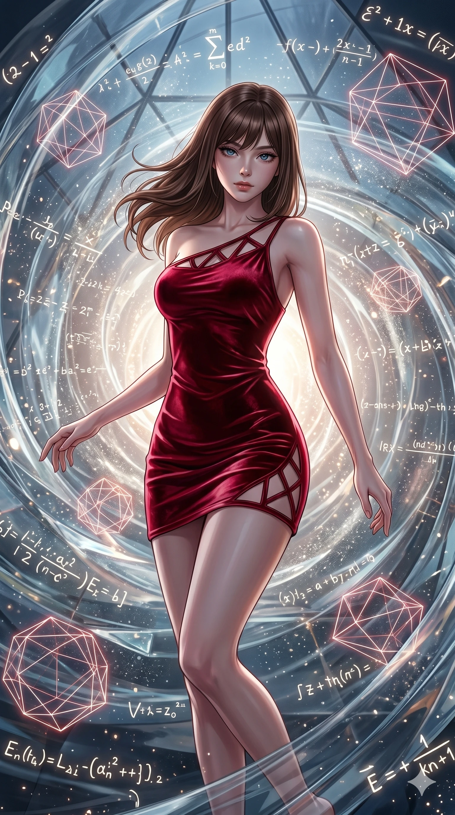 score_9, masterpiece, best quality, ultra-detailed, high-budget anime keyframe, editorial fashion photography, tasteful artistic composition, Japanese woman. upper body close-up from the thighs up, character filling the screen for maximum presence. swirling in a vortex of inside a geometric glass pyramid surrounded by floating mathematical equations while floating geometrical wireframes rotate and pulse in synch. She has an absolutely perfect 8-heads proportion, an exceptionally tall and slender female figure with impossibly long slender legs and an ultra-slim waist. V-shaped jawline, high-bridge nose, intricate jewel-like eyes with depth, thick eyelashes, glossy lips with a natural sheen.. wearing an asymmetric liquid velvet slip dress, featuring a wet-look deep crimson red velvet one-shoulder mini slip with asymmetric geometric cutout trim. illuminated by dramatic chiaroscuro casting soft shadows along her curves, with vibrant backlighting highlighting the dust particles. 2k, ultra detail, master piece, 9:16 ratio