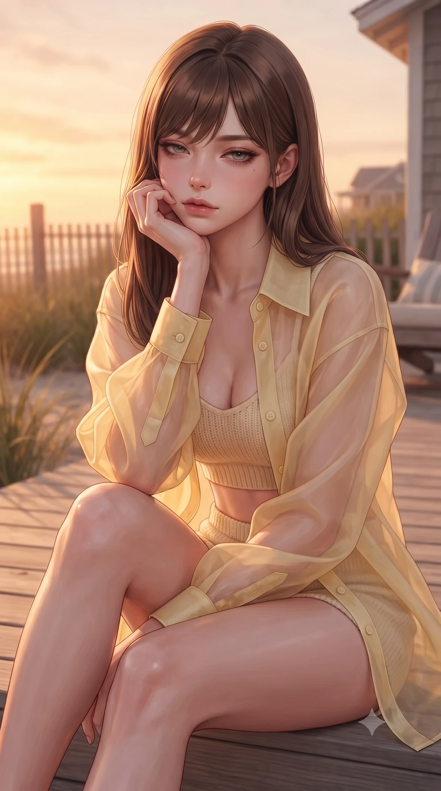 score_9, masterpiece, best quality, ultra-detailed, high-budget anime keyframe, editorial fashion photography, tasteful artistic composition, Korean woman woman. close-up cowboy shot from the waist and thighs up, the character dominates the composition, filling the frame with her large presence, background elements kept in soft focus. resting her chin on the backs of her fingers, casting a heavy-lidded, sultry look past the camera the background shows a soft-focus a quiet wooden deck of a beachside cottage, surrounded by beachgrass and fences. She has an exceptionally elegant, slender, and willowy female figure with an ultra-slim waist, a gracefully sculpted slender torso, and a refined silhouette. sharp v-shaped jawline, high-bridge nose, intricate jewel-like eyes with depth, thick eyelashes, glossy lips with a natural sheen. wearing a form-contouring sheer organza shirt in pale yellow worn open over a knit crop top and micro-shorts. warm sunset light casting a peaceful, cozy orange wash on her figure. ultra-reflective glossy finish, specular highlights, metallic sheen, high-contrast stereoscopic depth, volumetric dynamic lighting, 2k, ultra detail, master piece, 9:16 ratio