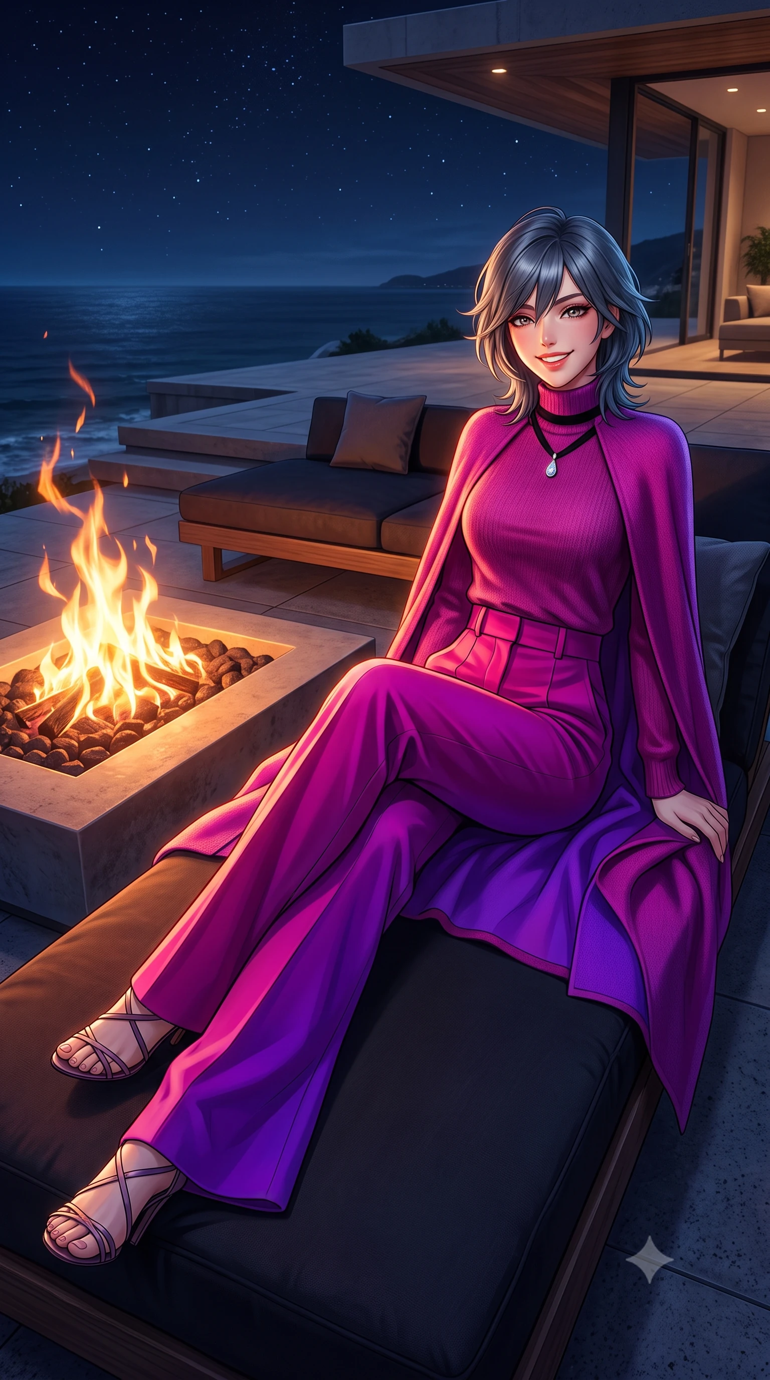 score_9, masterpiece, best quality, ultra-detailed, high-budget anime keyframe, semi-realistic 3D game render, editorial fashion photography, tasteful artistic composition, Caucasian woman. low angle full-body shot from head to toe showing her feet, filling the entire 9:16 vertical frame with her statuesque presence, stretching her vertical silhouette. reclining gracefully across the plush chaise lounge with one leg extended, her sculpted silhouette and flat midriff radiating magnetic nocturnal glamour while twisting her slender torso in an alluring contrapposto stance beside the sunken gas fire pit, flame ribbons dancing across her dewy skin and flat midriff. The surrounding environment is rendered in vivid detail and crisp panoramic clarity: detailed outfit silhouette, fabric cling or tailoring, and coastal architecture in high resolution. She has an exceptionally tall and slender model-like 8.5-heads proportion, an ultra-slim waist, a flat toned midriff, narrow delicate ribcage, and beautifully sculpted feminine hips creating a graceful, slim hourglass silhouette without any bulky heaviness, with impossibly long slender legs. sharp v-shaped jawline, high-bridge nose, intricate jewel-like sparkling eyes with depth, thick eyelashes, glossy parted lips with a natural peach sheen, bright cheerful beaming smile with an enchanting and coquettish sensual glint, exuding both youthful cute charm and seductive allure, flawlessly proportioned anatomical accuracy, strict slender model proportions, natural body alignment, perfectly sculpted long slender limbs, ultra-slim waistline, clean dynamic posture without body distortion. wearing a bespoke high-neck cashmere knit cape coat paired with tailored wide-leg wool trousers in Supertree bioluminescent magenta and electric violet, crafted from bespoke double-faced cashmere with an exceptionally soft tactile finish, finished with a thin velvet ribbon choker and a single teardrop diamond pendant, the bespoke structured tailoring following the natural line of her 8.5-heads silhouette with refined elegance. bathed in the warm radiant 2100K hearth glow of the outdoor fire bowl mixed with cool Atlantic starlight and moonlight. highly saturated vibrant anime colors, detailed shading with soft gradients, rich glossy textures, high-contrast stereoscopic depth, volumetric dynamic lighting, master piece, 9:16 ratio