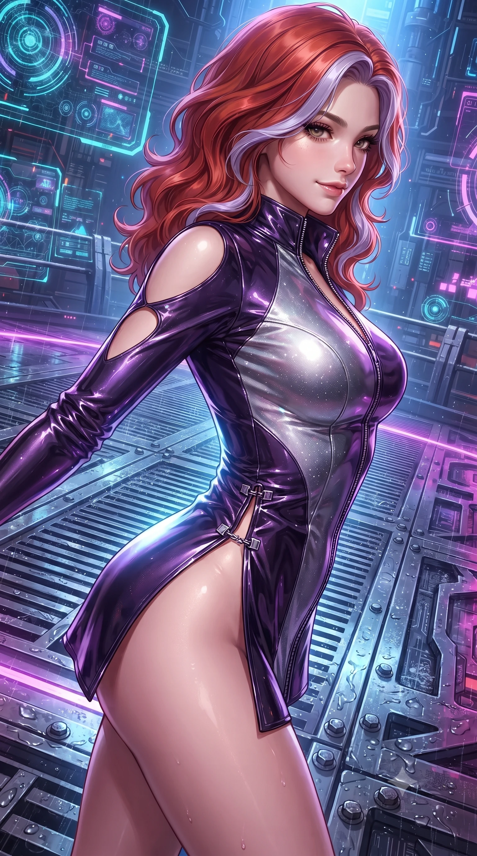 score_9, masterpiece, best quality, ultra-detailed, high-budget anime keyframe, editorial fashion photography, tasteful artistic composition, Caucasian woman. close-up cowboy shot from the waist and thighs up, the character dominates the composition, filling the frame with her large presence. stretching forward with an alluring arch of her spine, glancing over her shoulder with thick eyelashes and a smoldering half-smile while pivoting dynamically on wet metal grating as pulsating neon arena floodlights trace her sculpted waist. The surrounding environment is rendered in vivid detail and crisp panoramic clarity. crisp water and sweat droplet beads, glowing holographic display elements, and heavy bolt details in high clarity. She has an exceptionally elegant, slender, and willowy female figure with an ultra-slim waist, a gracefully sculpted slender torso, and a refined silhouette. sharp v-shaped jawline, high-bridge nose, intricate jewel-like eyes with depth, thick eyelashes, glossy lips with a natural sheen, flawlessly proportioned anatomical accuracy, natural body alignment, perfectly sculpted elegant limbs, clean dynamic posture without body distortion. wearing a form-fitting top made of molten liquid-mercury fabric that clings to her curves, with strategic tear-drop shoulder cutouts and a dangerously unzipped front collar in dark amethyst purple and shimmering starlight silver, formed from high-gloss patent material with specular light reflections, finished with an ultra-high side slit secured by miniature magnetic clasps, the glove-like fit tightly following every curve of her statuesque athletic build. surrounded by a fierce, electrifying, and dangerously provocative sensual combat aura. ultra-reflective glossy finish, specular highlights, metallic sheen, high-contrast stereoscopic depth, volumetric dynamic lighting, 2k, ultra detail, master piece, 9:16 ratio