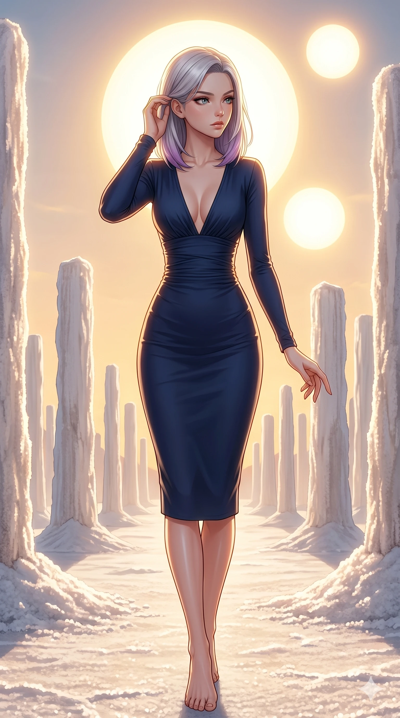 score_9, masterpiece, best quality, ultra-detailed, high-budget anime keyframe, editorial fashion photography, tasteful artistic composition, Caucasian woman, strictly human ears. cowboy shot from the thighs up, character and outfit filling the frame for maximum editorial presence. Lifting one hand to gently tuck hair behind her ear mid-frame amidst a surreal desert of white salt pillars under a sky filled with three giant suns. She has an absolutely perfect 8-heads proportion, an exceptionally tall and slender female figure with impossibly long slender legs and an ultra-slim waist. V-shaped jawline, high-bridge nose, intricate jewel-like eyes with depth, thick eyelashes, glossy lips with a natural sheen. wearing a deep-V neck midi dress in midnight blue matte jersey with strategic waist ruching, long slim sleeves, and a form-contouring fit that highlights her elegant proportions. under warm golden hour backlighting creating a luminous radiant halo around her silhouette. 2k, ultra detail, master piece, 9:16 ratio