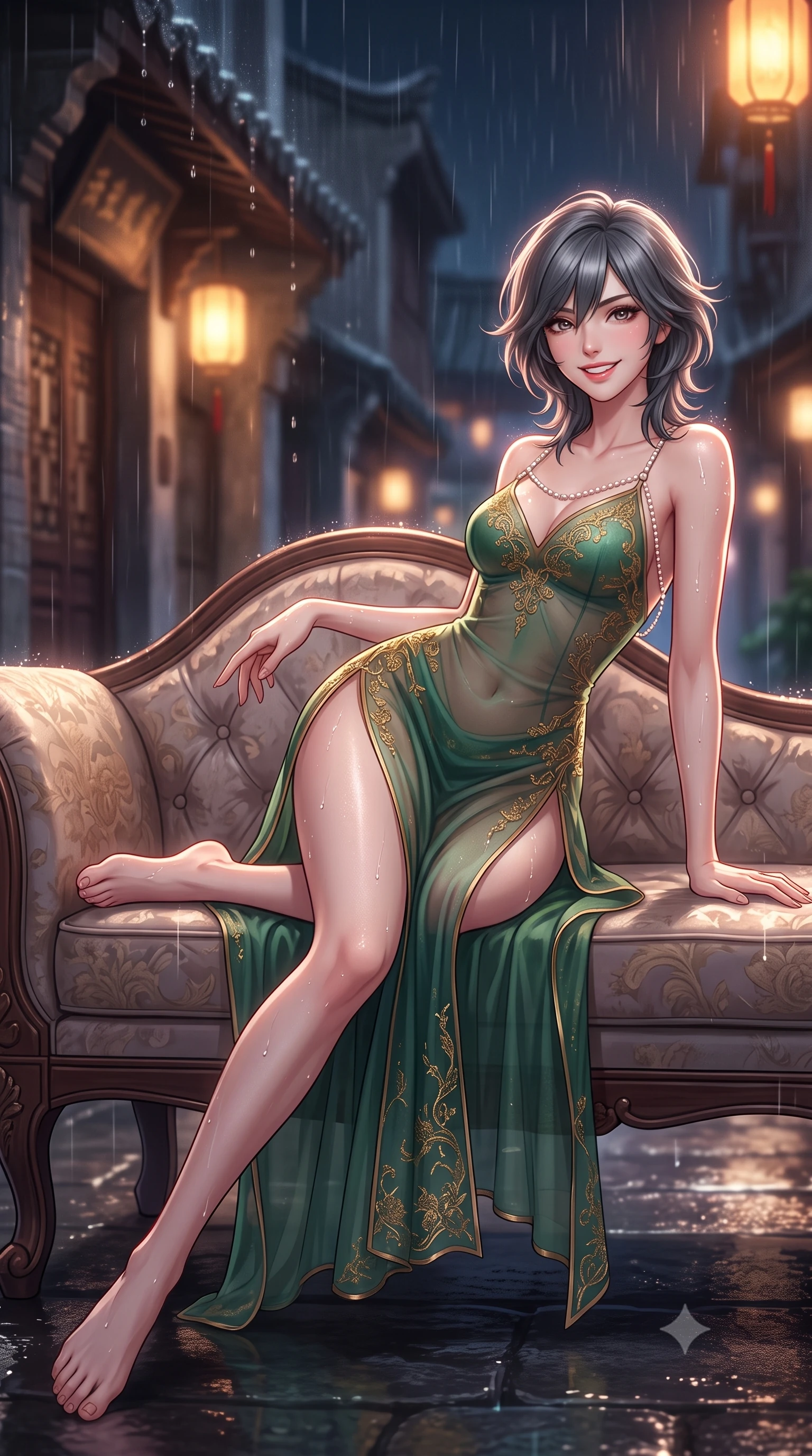score_9, masterpiece, best quality, ultra-detailed, high-budget anime keyframe, semi-realistic 3D game render, editorial fashion photography, tasteful artistic composition, Caucasian woman. low angle full-body shot from head to toe showing her feet, filling the entire 9:16 vertical frame with her statuesque presence, stretching her vertical silhouette. reclining gracefully across the plush chaise lounge with one leg extended, her sculpted silhouette and flat midriff radiating magnetic nocturnal glamour while twisting her slender torso in an alluring S-curve, glistening rain droplets and lantern light tracing her dewy skin and narrow waist. The background shows a soft-focus rain droplets dripping from eaves softened in historic Shikumen alley nocturne shallow focus. She has an exceptionally tall and slender model-like 8.5-heads proportion, an ultra-slim waist, a flat toned midriff, narrow delicate ribcage, and beautifully sculpted feminine hips creating a graceful, slim hourglass silhouette without any bulky heaviness, with impossibly long slender legs. sharp v-shaped jawline, high-bridge nose, intricate jewel-like sparkling eyes with depth, thick eyelashes, glossy parted lips with a natural peach sheen, bright cheerful beaming smile with an enchanting and coquettish sensual glint, exuding both youthful cute charm and seductive allure, flawlessly proportioned anatomical accuracy, strict slender model proportions, natural body alignment, perfectly sculpted long slender limbs, ultra-slim waistline, clean dynamic posture without body distortion. wearing a gossamer sheer mesh slip dress with delicate gold embroidery and hip-high double side slits in French Concession jade green and gilded bronze, made of sheer gossamer chiffon that drapes softly against skin with airy translucence, accented with a pearl-drop body harness subtly framing her dewy collarbones and spine, the second-skin tailored fabric adhering flawlessly to her sculpted flat midriff and slender torso, emphasizing her long leg lines and perfectly proportioned willowy build. illuminated by wet ground specular highlights and sharp rose-gold rim lights sculpting her jawline, flat midriff, and curvy hips. highly saturated vibrant anime colors, detailed shading with soft gradients, rich glossy textures, high-contrast stereoscopic depth, volumetric dynamic lighting, master piece, 9:16 ratio