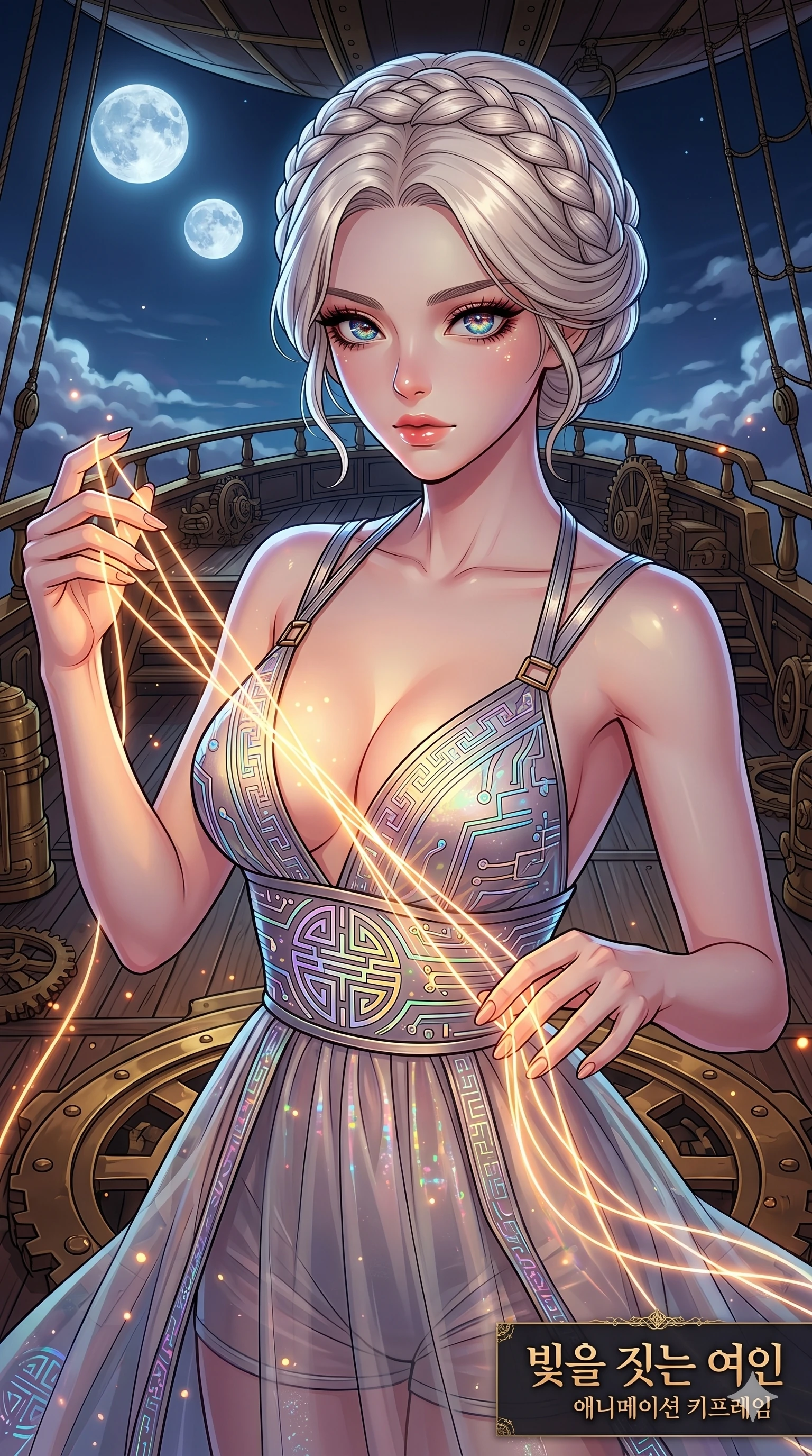 score_9, masterpiece, best quality, ultra-detailed, high-budget anime movie keyframe, cinematic anime lighting, intricate line art, Korean woman. Upper body filling screen focusing on her alluring features and slim-fit silhouette. weaving threads of light in a steampunk airship deck under a twin-moon sky. She has an absolutely perfect 8-heads proportion, an exceptionally tall and slender female figure with an ultra-slim waist and impossibly long slender legs. sharp v-shaped jawline, high-bridge nose, intricate jewel-like eyes, thick eyelashes, glossy lips. Wearing modernized deep-plunging silk hanbok-fusion with metallic straps, a high-slit sheer skirt over micro-shorts, and holographic embroidered patterns. The scene is illuminated by dramatic atmospheric lighting and vibrant color palettes. , 2k, ultra detail, master piece, 9:16 ratio