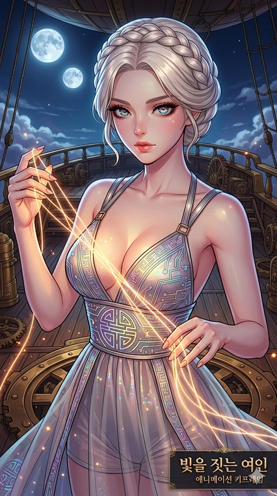 score_9, masterpiece, best quality, ultra-detailed, high-budget anime movie keyframe, cinematic anime lighting, intricate line art, Korean woman. Upper body filling screen focusing on her alluring features and slim-fit silhouette. weaving threads of 