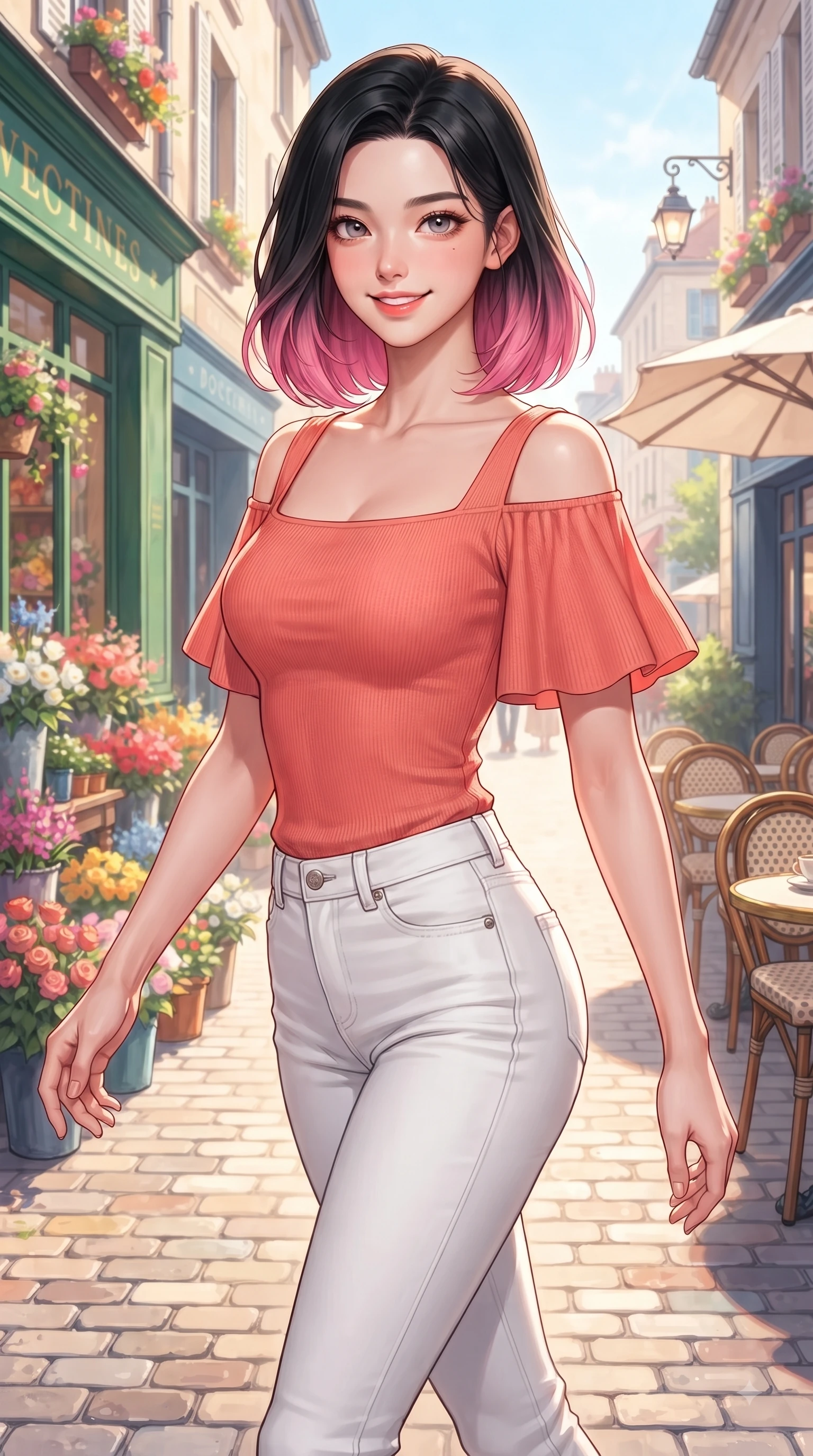 score_9, masterpiece, best quality, ultra-detailed, high-budget anime keyframe, editorial fashion photography, tasteful artistic composition, Korean woman. close-up cowboy shot from the waist and thighs up, the character dominates the composition, filling the frame with her large presence. Gazing directly into the camera with a fresh, infectious smile as her torso curves dynamically in mid-stride while resting near a sun-drenched cafe entrance while looking at the camera with a warm, sweet expression. The surrounding environment is rendered in vivid detail and crisp panoramic clarity. vibrant European-style flower boutiques, cobblestone paths, and detailed outdoor cafe seating under clear morning sun. She has an exceptionally elegant, slender, and willowy female figure with an ultra-slim waist, a gracefully sculpted slender torso, and a refined silhouette. sharp v-shaped jawline, high-bridge nose, intricate jewel-like eyes with depth, thick eyelashes, glossy lips with a natural sheen, flawlessly proportioned anatomical accuracy, natural body alignment, perfectly sculpted elegant limbs, clean dynamic posture without body distortion. wearing a stylish off-shoulder coral knit top with slim-fit white stretch denim pants in refreshing mint green and crisp white, crafted from smooth fluid silk satin, featuring elegant flutter sleeves and a graceful square neckline, the tailored casual silhouette highlighting her fresh and youthful presence. surrounded by a fresh, uplifting, and romantic spring street ambiance. ultra-reflective glossy finish, specular highlights, metallic sheen, high-contrast stereoscopic depth, volumetric dynamic lighting, 2k, ultra detail, master piece, 9:16 ratio