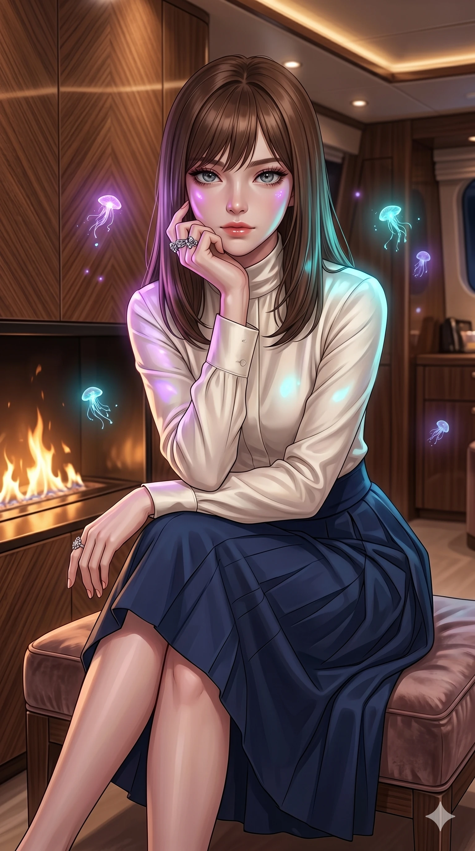 score_9, masterpiece, best quality, ultra-detailed, high-budget anime keyframe, editorial fashion photography, tasteful artistic composition, Korean woman. cowboy shot from the thighs up, character and outfit filling the frame for maximum editorial presence. sitting near the fire, resting her chin on her hand, looking directly into the camera inside a luxury yacht cabin room with wood paneling (Code-P17-047). She has an absolutely perfect 8-heads proportion, an exceptionally tall and slender female figure with impossibly long slender legs and an ultra-slim waist. V-shaped jawline, high-bridge nose, intricate jewel-like eyes with depth, thick eyelashes, glossy lips with a natural sheen. wearing a high-neck tailored silk shirt under a high-waist midi skirt. soft purple and cyan light from the floating organisms, casting a magical aura on her. 2k, ultra detail, master piece, 9:16 ratio