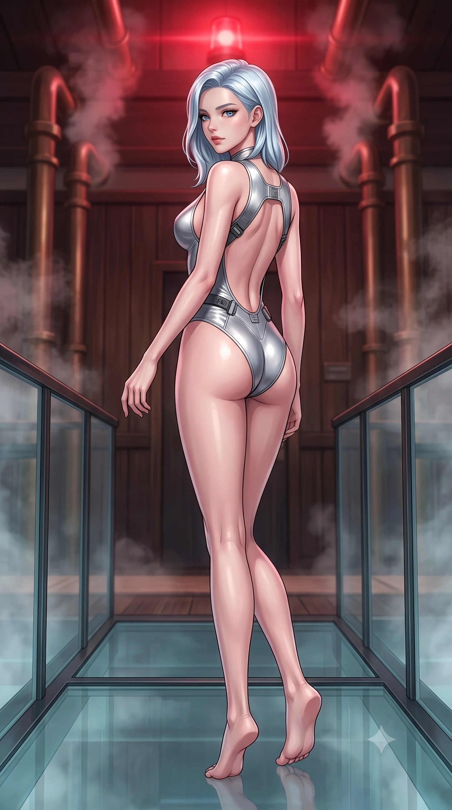 score_9, masterpiece, best quality, ultra-detailed, high-budget anime keyframe, editorial fashion photography, tasteful artistic composition, Korean woman. low angle full-body shot from head to toe showing her feet, filling the entire 9:16 vertical frame with her statuesque presence, stretching her vertical silhouette. walking slowly along a glass skybridge, looking back over her shoulder with an air of effortless grace, the background shows a soft-focus a thermal bath deck with dark cedar panels and bronze steam pipes. She has an absolutely perfect, statuesque 8.5-heads proportion, an exceptionally tall and slender model-like female figure with impossibly long slender legs and an ultra-slim waist. sharp v-shaped jawline, high-bridge nose, intricate jewel-like eyes with depth, thick eyelashes, glossy lips with a natural sheen. wearing a slim-fit backless combat bodysuit in metallic silver, featuring a plunging keyhole cutout and low-cut back. steam venting catching a pulsing crimson warning beacon light from above. highly saturated vibrant anime colors, detailed shading with soft gradients, rich glossy textures, high-contrast stereoscopic depth, volumetric dynamic lighting, master piece, 9:16 ratio