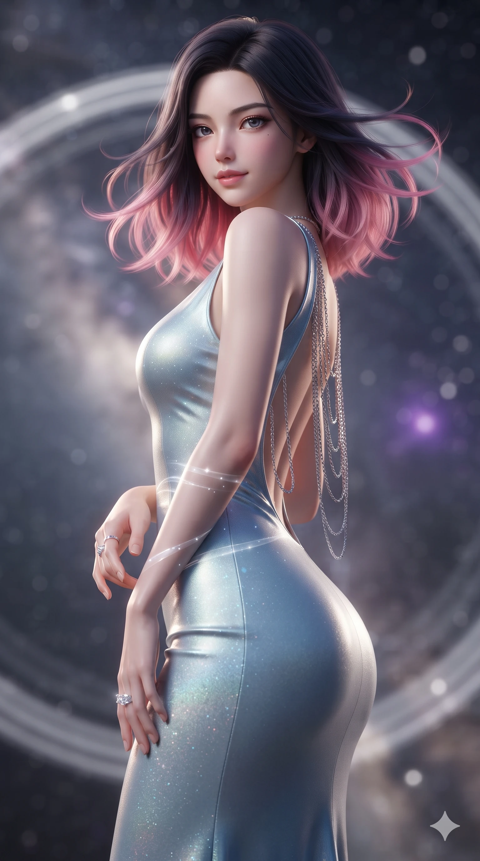 score_9, masterpiece, best quality, ultra-detailed, high-budget anime keyframe, editorial fashion photography, tasteful artistic composition, Korean woman. close-up cowboy shot from the waist and thighs up, the character dominates the composition, filling the frame with her large presence. turning slowly with an enchanting smoldering smile, her glossy hair tossing in the breeze as her hips angle gracefully in a captivating contrapposto while twisting her slender torso in an alluring S-curve, celestial diamond starlight and platinum ring glows casting silver light ribbons across her flat midriff and hourglass curves. The background shows a soft-focus concentric levitating platinum rings, dense Milky Way star clouds, and distant purple emission nebulae blurred into diamond, platinum, and sapphire bokeh. She has an exceptionally elegant, slender, and willowy female figure with an ultra-slim waist, flat toned midriff, narrow ribcage, and sculpted feminine hips creating an alluring, slim hourglass silhouette without bulk. sharp v-shaped jawline, high-bridge nose, intricate jewel-like sparkling eyes with depth, thick eyelashes, glossy parted lips with a natural peach sheen, bright cheerful beaming smile with an enchanting and coquettish sensual glint, exuding both youthful cute charm and seductive allure, flawlessly proportioned anatomical accuracy, strict slender model proportions, natural body alignment, perfectly sculpted long slender limbs, ultra-slim waistline, clean dynamic posture without body distortion. wearing a form-fitting liquid mercury jersey evening dress clinging smoothly to her narrow waist and rounded hips in glacial aurora cyan and starlight silver, crafted from bespoke double-faced cashmere with an exceptionally soft tactile finish, accented with an open-back drape framed by falling strands of delicate chrome chains, the form-contouring silhouette accentuating her sculpted flat midriff, narrow delicate ribcage, and gracefully curvy hips with intoxicating allure. bathed in the unpolluted brilliant diamond sparkle of deep space starlight mixed with soft warm 2800K balcony edge lighting. ultra-reflective glossy finish, specular highlights, rich textural contrasts, high-contrast stereoscopic depth, volumetric dynamic lighting, 2k, ultra detail, master piece, 9:16 ratio