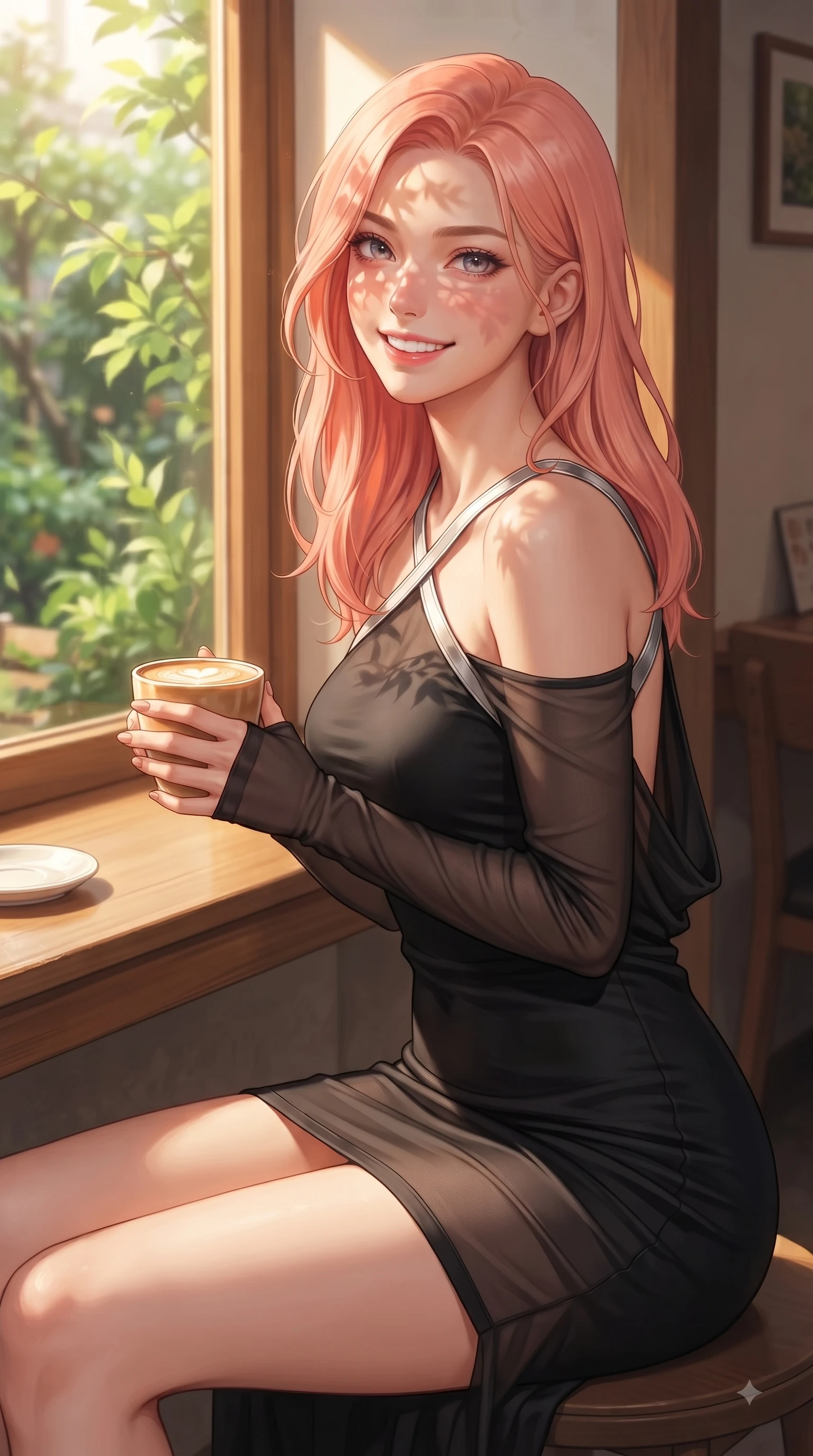 score_9, masterpiece, best quality, ultra-detailed, high-budget anime keyframe, editorial fashion photography, tasteful artistic composition, Japanese woman. close-up cowboy shot from the waist and thighs up, the character dominates the composition, filling the frame with her large presence, background elements kept in soft focus. Youthful bright smile exuding pure cute charm and fresh energy, her torso turning dynamically into the lens while sitting by a sunlit wooden window inside a cozy Samcheong-dong cafe, holding a warm latte cup, lush green garden leaves outside casting delicate organic stencil shadows across her face. She has an exceptionally elegant, slender, and willowy female figure with an ultra-slim waist, a gracefully sculpted slender torso, and a refined silhouette. sharp v-shaped jawline, high-bridge nose, intricate jewel-like eyes with depth, thick eyelashes, glossy lips with a natural sheen, flawlessly proportioned anatomical accuracy, natural body alignment, perfectly sculpted elegant limbs, clean dynamic posture without body distortion. wearing a precision-fitted liquid jersey bodycon dress with a graceful draped back in matte black and polished silver, woven from fine semi-opaque sheer organza, complemented by criss-cross back straps highlighting her bare shoulders, the glove-like fit emphasizing her statuesque silhouette during motion. bathed in warm golden sunlight streaming through clean glass cafe windows. ultra-reflective glossy finish, specular highlights, metallic sheen, high-contrast stereoscopic depth, volumetric dynamic lighting, 2k, ultra detail, master piece, 9:16 ratio