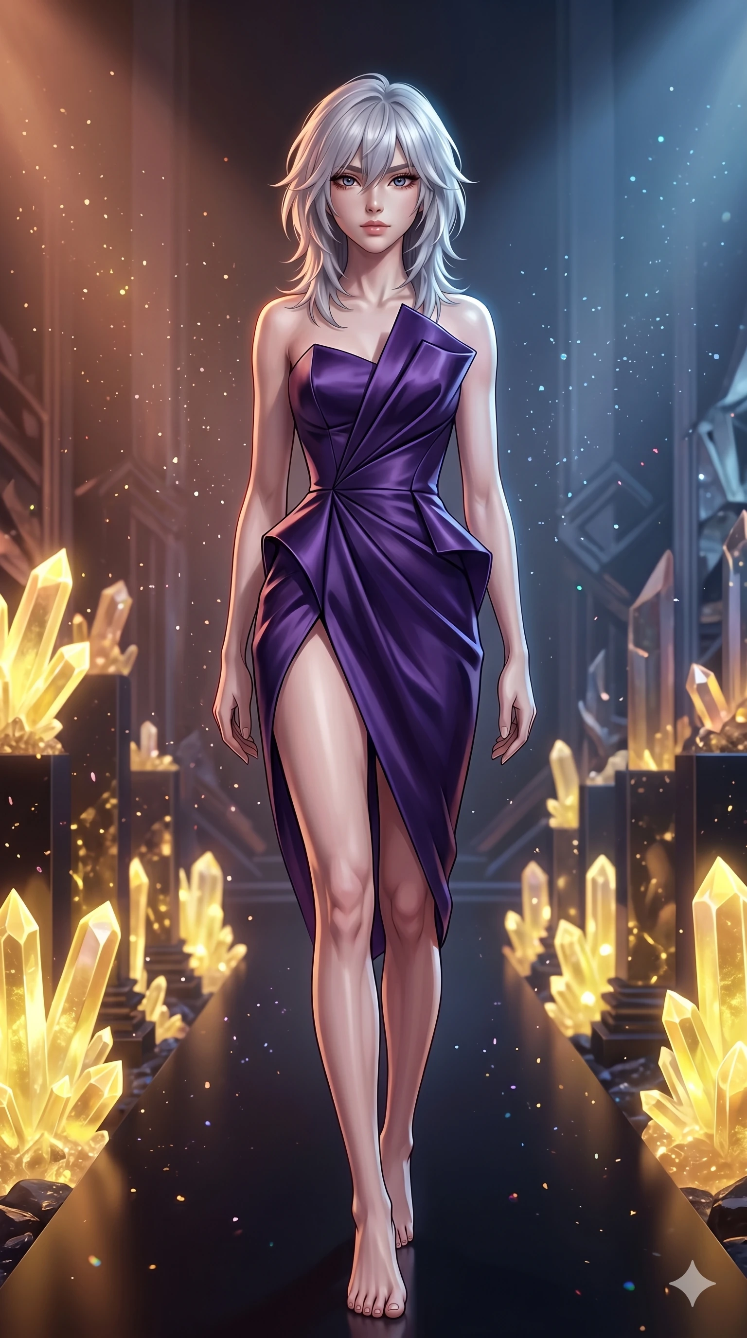 score_9, masterpiece, best quality, ultra-detailed, high-budget anime keyframe, editorial fashion photography, tasteful artistic composition, Japanese woman. low angle full-body shot from head to toe showing her feet, filling the entire 9:16 vertical frame with her statuesque presence, stretching her vertical silhouette. Striding forward with a confident, high-fashion runway walk, her arms swinging in rhythm on an obsidian path lined with columns of glowing yellow sulfur crystals, with iridescent dust particles suspended in mid-air. She has an absolutely perfect 8-heads proportion, an exceptionally tall and slender female figure with impossibly long slender legs and an ultra-slim waist. V-shaped jawline, high-bridge nose, intricate jewel-like eyes with depth, thick eyelashes, glossy lips with a natural sheen. wearing an architectural cocktail dress in deep violet satin with a structured bodice and a high front slit. bathed in shifting warm copper and cool steel blue lighting, creating a high-fashion editorial contrast. 2k, ultra detail, master piece, 9:16 ratio