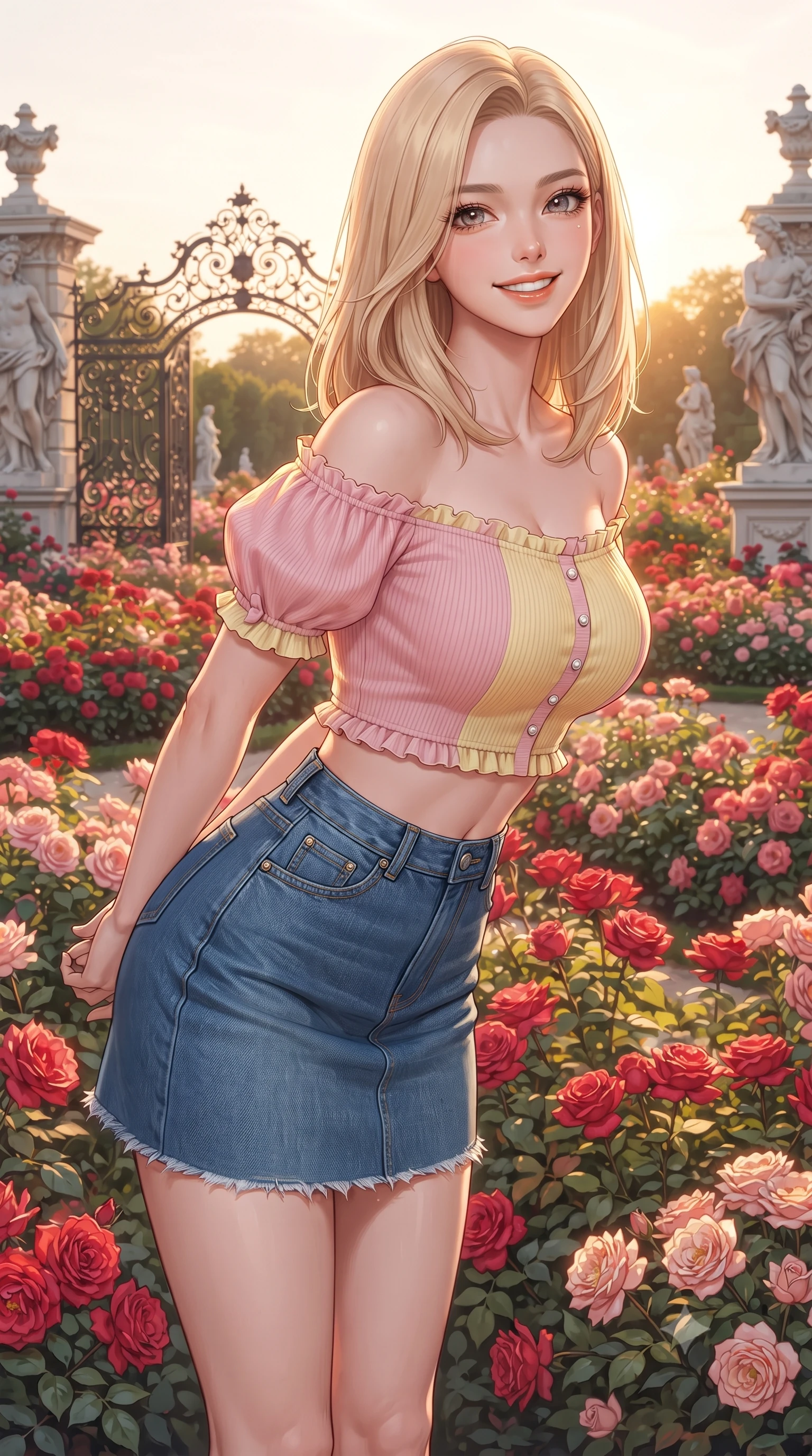 score_9, masterpiece, best quality, ultra-detailed, high-budget anime keyframe, editorial fashion photography, tasteful artistic composition, Korean woman. close-up cowboy shot from the waist and thighs up, the character dominates the composition, filling the frame with her large presence. resting both hands lightly behind her back while leaning toward the lens with a cheerful, teasing grin, her form-fitting outfit hugging her narrow waist and feminine hip curve while standing gracefully among thousands of blooming red and pink rose bushes, arching her back with a bright, aristocratic cute smile. The surrounding environment is rendered in vivid detail and crisp panoramic clarity. sharp rose petal textures, wrought-iron scrollwork, and marble statue carving details in deep focus. She has an exceptionally elegant, slender, and willowy female figure with an ultra-slim waist, flat toned midriff, narrow ribcage, and sculpted feminine hips creating an alluring, slim hourglass silhouette without bulk. sharp v-shaped jawline, high-bridge nose, intricate jewel-like sparkling eyes with depth, thick eyelashes, glossy parted lips with a natural peach sheen, bright cheerful beaming smile with an enchanting and coquettish sensual glint, exuding both youthful cute charm and seductive allure, flawlessly proportioned anatomical accuracy, strict slender model proportions, natural body alignment, perfectly sculpted long slender limbs, ultra-slim waistline, clean dynamic posture without body distortion. wearing an off-shoulder puff-sleeve crop blouse with a tight high-waisted denim A-line mini skirt emphasizing her curvy hips in sweet strawberry milk pink and butter yellow, formed from supple second-skin stretch ribbed knit clinging to her form, finished with subtle ruffle trims and delicate pearl buttons, the form-contouring cut accentuating her sculpted flat midriff, narrow delicate ribcage, and gracefully curvy hips with supermodel precision. bathed in glorious golden hour Austrian afternoon sunlight streaming across the formal gardens. ultra-reflective glossy finish, specular highlights, rich textural contrasts, high-contrast stereoscopic depth, volumetric dynamic lighting, 2k, ultra detail, master piece, 9:16 ratio