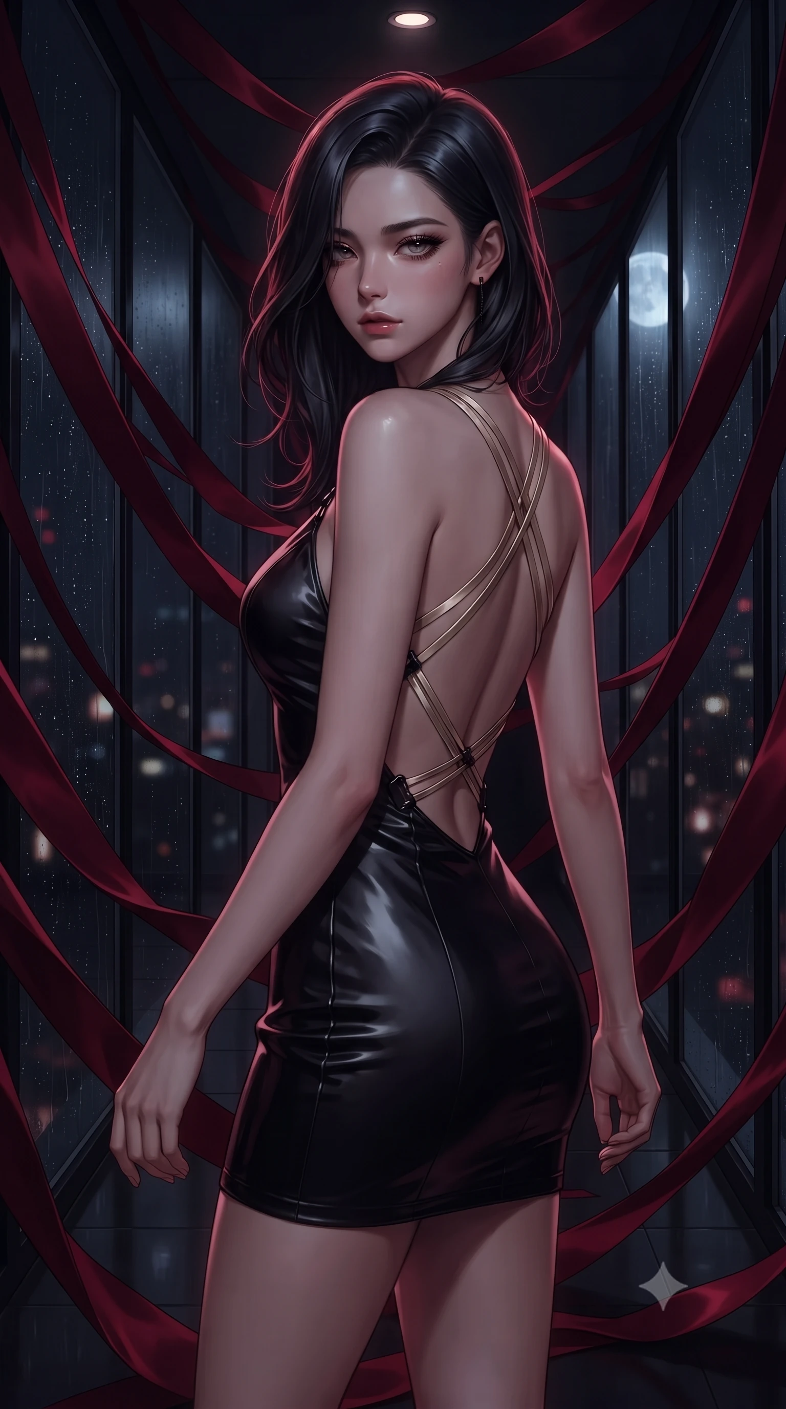 score_9, masterpiece, best quality, ultra-detailed, high-budget anime keyframe, editorial fashion photography, tasteful artistic composition, Korean woman. close-up cowboy shot from the waist and thighs up, the character dominates the composition, filling the frame with her large presence, background elements kept in soft focus. Casting a slow, direct gaze beneath heavy lashes with quiet intensity, walking down a glass corridor draped in heavy dark crimson silk ribbons, rain droplets streaming down dark glass panes glinting under silver moon rays. She has an exceptionally elegant, slender, and willowy female figure with an ultra-slim waist, a gracefully sculpted slender torso, and a refined silhouette. sharp v-shaped jawline, high-bridge nose, intricate jewel-like eyes with depth, thick eyelashes, glossy lips with a natural sheen. wearing dramatically scooped backless dark satin mini dress with criss-cross chrome straps in champagne gold, made of polished black leather, adorned with minimalist black onyx hardware framing the silhouette, the fitted fabric emphasizing her ultra-slim waist. bathed in rich dark crimson tones and deep pitch-black ambient shadows. ultra-reflective glossy finish, specular highlights, metallic sheen, high-contrast stereoscopic depth, volumetric dynamic lighting, 2k, ultra detail, master piece, 9:16 ratio
