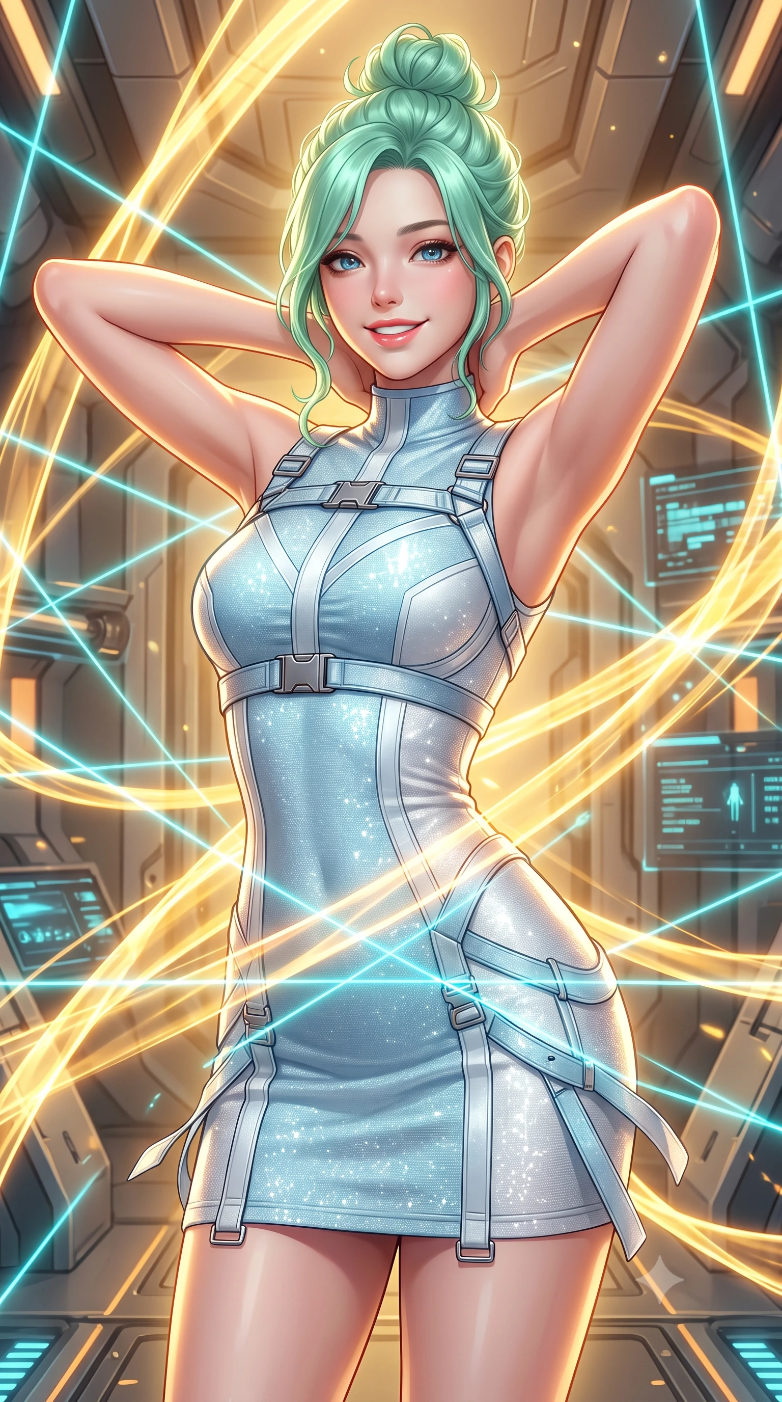 score_9, masterpiece, best quality, ultra-detailed, high-budget anime keyframe, semi-realistic 3D game render, editorial fashion photography, tasteful artistic composition, Japanese woman. close-up cowboy shot from the waist and thighs up, the character dominates the composition, filling the frame with her large presence. resting both hands lightly behind her neck with elbows raised, arching her spine to highlight her narrow waist, flat midriff, and breathtaking collarbones while twisting her slender torso in an alluring S-curve, golden plasma ribbons and cyan laser containment fields criss-crossing across her flat midriff and hourglass curves. The surrounding environment is rendered in vivid detail and crisp panoramic clarity: sharp superconducting magnet housing seams, laser projector lenses, and digital containment telemetry readouts in deep focus. She has an exceptionally elegant, slender, and willowy female figure with an ultra-slim waist, flat toned midriff, narrow ribcage, and sculpted feminine hips creating an alluring, slim hourglass silhouette without bulk. sharp v-shaped jawline, high-bridge nose, intricate jewel-like sparkling eyes with depth, thick eyelashes, glossy parted lips with a natural peach sheen, bright cheerful beaming smile with an enchanting and coquettish sensual glint, exuding both youthful cute charm and seductive allure, flawlessly proportioned anatomical accuracy, strict slender model proportions, natural body alignment, perfectly sculpted long slender limbs, ultra-slim waistline, clean dynamic posture without body distortion. wearing a dense bandage-knit tactical officer dress with subtle geometric chest accents contouring her delicate ribcage and feminine hips in arctic cryo-glacier ice blue and platinum white, woven from stretch metallic lurex jersey casting radiant starlight glints across her curves, finished with sleek magnetic buckle closures fluttering in the breeze, the bespoke structured tailoring following the natural line of her 8.5-heads silhouette with refined elegance. bathed in the blinding warm golden 3000K plasma radiance mixed with delicate cyan laser grid lines. highly saturated vibrant anime colors, detailed shading with soft gradients, rich glossy textures, high-contrast stereoscopic depth, volumetric dynamic lighting, master piece, 9:16 ratio