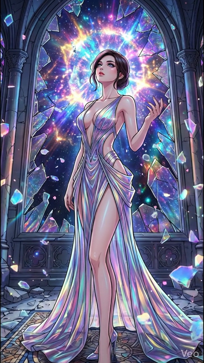 Cinematic 8-second video. The woman in the iridescent own stands racefully as the cosmic nebula behind her swirls slowly. Shards of floatin lass catch the colorful liht, shimmerin and driftin in zero ravity. The camera slowly zooms into her eyes, ref
