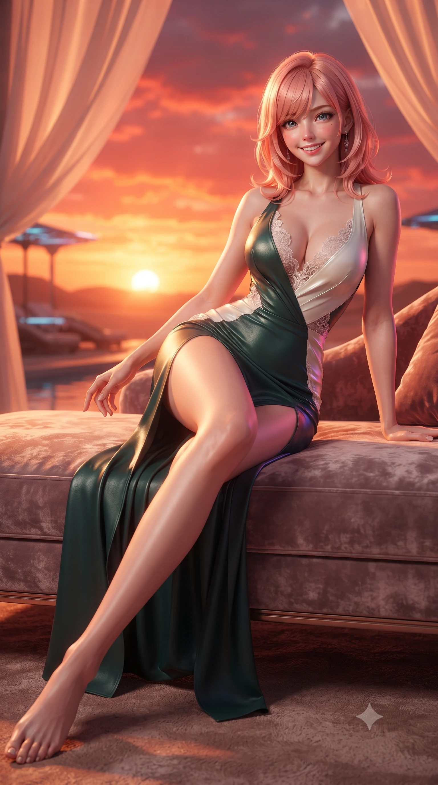 score_9, masterpiece, best quality, ultra-detailed, high-budget anime keyframe, editorial fashion photography, tasteful artistic composition, Japanese woman. low angle full-body shot from head to toe showing her feet, filling the entire 9:16 vertical frame with her statuesque presence, stretching her vertical silhouette. reclining gracefully across the plush chaise lounge with one leg extended, her sculpted silhouette and flat midriff radiating magnetic nocturnal glamour while twisting her slender torso in an alluring contrapposto stance, crimson sunset and sapphire water caustics wrapping around her flat midriff and hips. The background shows a soft-focus floating silk pool cabana drapery softened in ultra-luxury futuristic aerial shallow focus. She has an exceptionally tall and slender model-like 8.5-heads proportion, an ultra-slim waist, a flat toned midriff, narrow delicate ribcage, and beautifully sculpted feminine hips creating a graceful, slim hourglass silhouette without any bulky heaviness, with impossibly long slender legs. sharp v-shaped jawline, high-bridge nose, intricate jewel-like sparkling eyes with depth, thick eyelashes, glossy parted lips with a natural peach sheen, bright cheerful beaming smile with an enchanting and coquettish sensual glint, exuding both youthful cute charm and seductive allure, flawlessly proportioned anatomical accuracy, strict slender model proportions, natural body alignment, perfectly sculpted long slender limbs, ultra-slim waistline, clean dynamic posture without body distortion. wearing a deep plunge-neck stretch velvet gown with a daring thigh-high side slit and open cowl back in Lake Como cypress green and crisp ivory pearl, woven from buttery-soft stretch lambskin leather adhering to her body like a second skin, finished with scalloped eyelash lace trim framing her sweetheart neckline with intimate elegance, the glove-like clinging cut tightly following the natural contour of her hips and long slender legs with youthful 8.5-heads elegance. bathed in the blinding, saturated scarlet and orange sunset radiance of the Arabian desert sky. ultra-reflective glossy finish, specular highlights, rich textural contrasts, high-contrast stereoscopic depth, volumetric dynamic lighting, 2k, ultra detail, master piece, 9:16 ratio