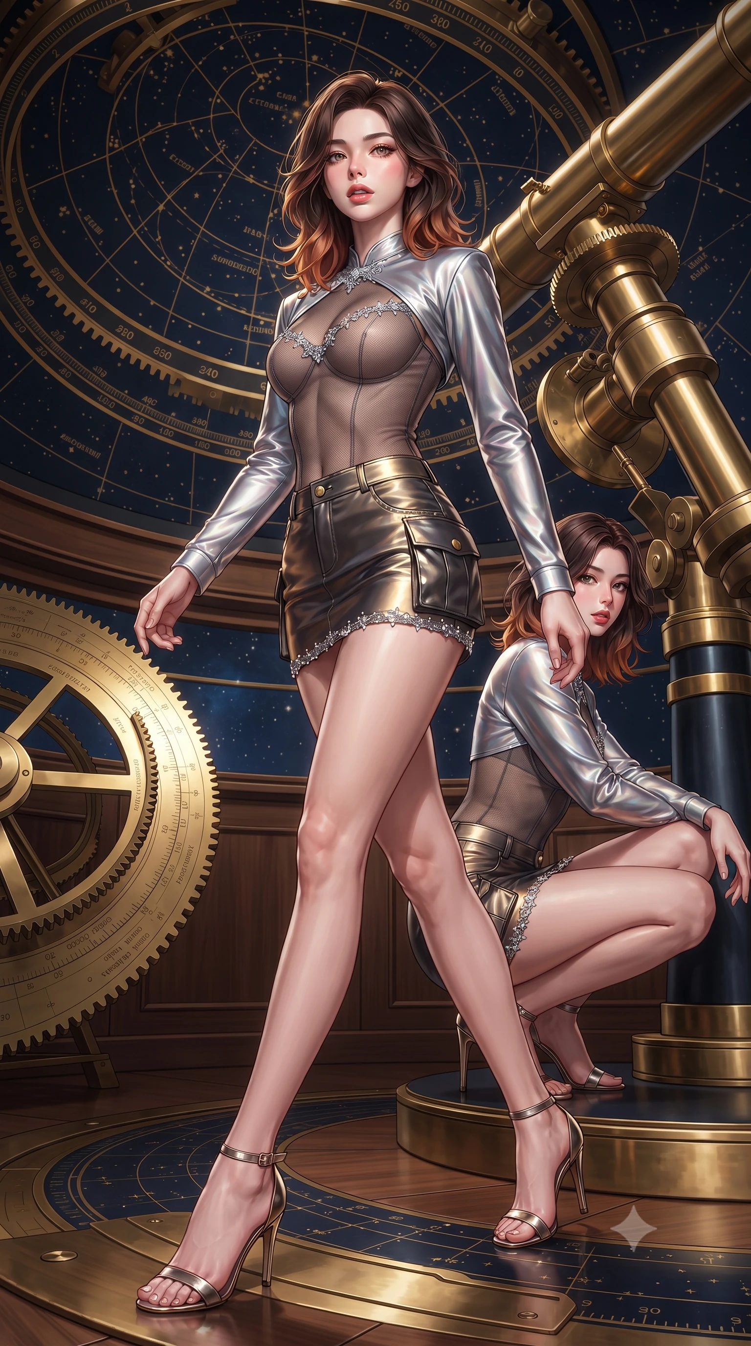 score_9, masterpiece, best quality, ultra-detailed, high-budget anime keyframe, editorial fashion photography, tasteful artistic composition, Korean woman. low angle full-body shot from head to toe showing her feet, filling the entire 9:16 vertical frame with her statuesque presence, stretching her vertical silhouette. striding forward in a proud supermodel runway stride, hips swaying in an alluring kinetic rhythm that accentuates her curvy hourglass silhouette while crouching gracefully beside the brass telescope mount, looking back with parted glossy lips as galactic starlight washes over her curves. The surrounding environment is rendered in vivid detail and crisp panoramic clarity. sharp brass gear teeth, engraved celestial coordinate rings, and star map typography in deep focus. She has an absolutely perfect, statuesque 8.5-heads proportion, an exceptionally tall and slender model-like female figure with impossibly long slender legs, a toned flat midriff, an ultra-slim waist, and beautifully sculpted feminine hips. sharp v-shaped jawline, high-bridge nose, intricate jewel-like eyes with depth, thick eyelashes, glossy parted lips with a natural sheen, intensely captivating and seductive bedroom-eyes expression, flawlessly proportioned anatomical accuracy, strict slender model proportions, natural body alignment, perfectly sculpted long slender limbs, ultra-slim waistline, clean dynamic posture without body distortion. wearing a futuristic sheer mesh bodysuit layered under a metallic silver shrug bolero and micro cargo skirt in molten starlight gold and dark gunmetal, tailored from ultra-smooth duchess satin with a pearlescent celestial sheen, featuring delicate starlight crystal embroidery along the neckline and hem, the form-contouring material adhering flawlessly to her sculpted flat midriff and slender torso, emphasizing her long leg lines and perfectly proportioned willowy build. illuminated by starlight edge lights carving her slender waist, bare collarbones, and feminine hip line. ultra-reflective glossy finish, specular highlights, rich textural contrasts, high-contrast stereoscopic depth, volumetric dynamic lighting, 2k, ultra detail, master piece, 9:16 ratio