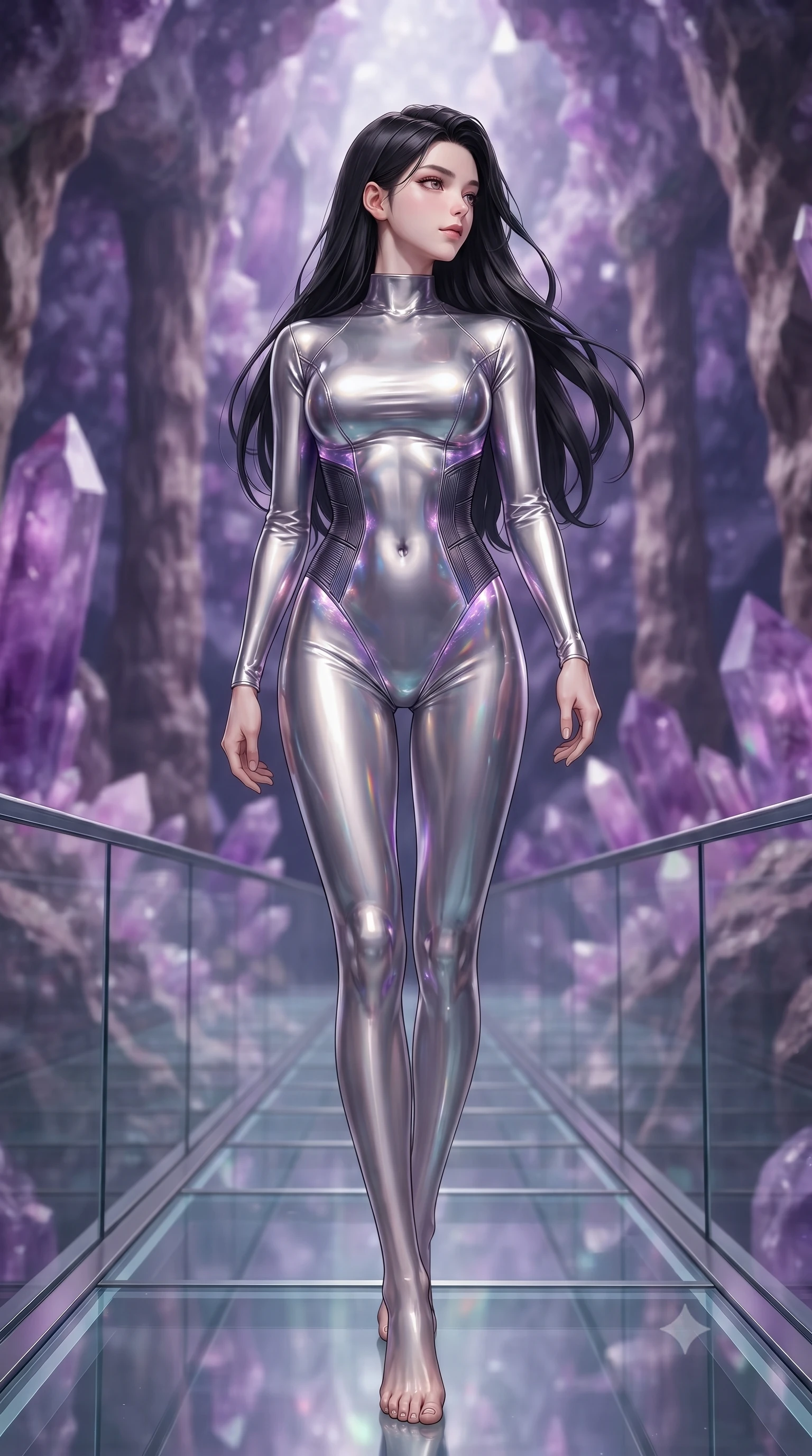 score_9, masterpiece, best quality, ultra-detailed, high-budget anime keyframe, editorial fashion photography, tasteful artistic composition, Korean woman. low angle full-body shot from head to toe showing her feet, filling the entire 9:16 vertical frame with her statuesque presence, stretching her vertical silhouette. walking slowly along a glass skybridge, looking back over her shoulder with an air of effortless grace, the background shows a soft-focus an amethyst geode cavern with towering purple crystal spires and rock columns. She has an absolutely perfect, statuesque 8.5-heads proportion, an exceptionally tall and slender model-like female figure with impossibly long slender legs and an ultra-slim waist. sharp v-shaped jawline, high-bridge nose, intricate jewel-like eyes with depth, thick eyelashes, glossy lips with a natural sheen. wearing a body-hugging body-hugging titanium-sheen mock-neck bodysuit, featuring elastic compression panels at the waist. soft internal purple crystal glow refracting into delicate rainbow prisms. ultra-reflective glossy finish, specular highlights, metallic sheen, high-contrast stereoscopic depth, volumetric dynamic lighting, 2k, ultra detail, master piece, 9:16 ratio