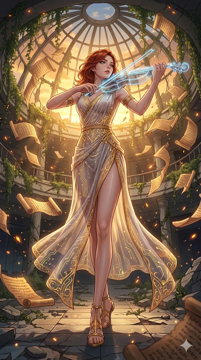 score_9, masterpiece, best quality, ultra-detailed, Set A: High-budget Anime Keyframe, Korean woman. Low angle cowboy shot filling the entire 9:16 frame with her statuesque presence. Theme: Ethereal Dream. playing a holographic violin in a ruined ove