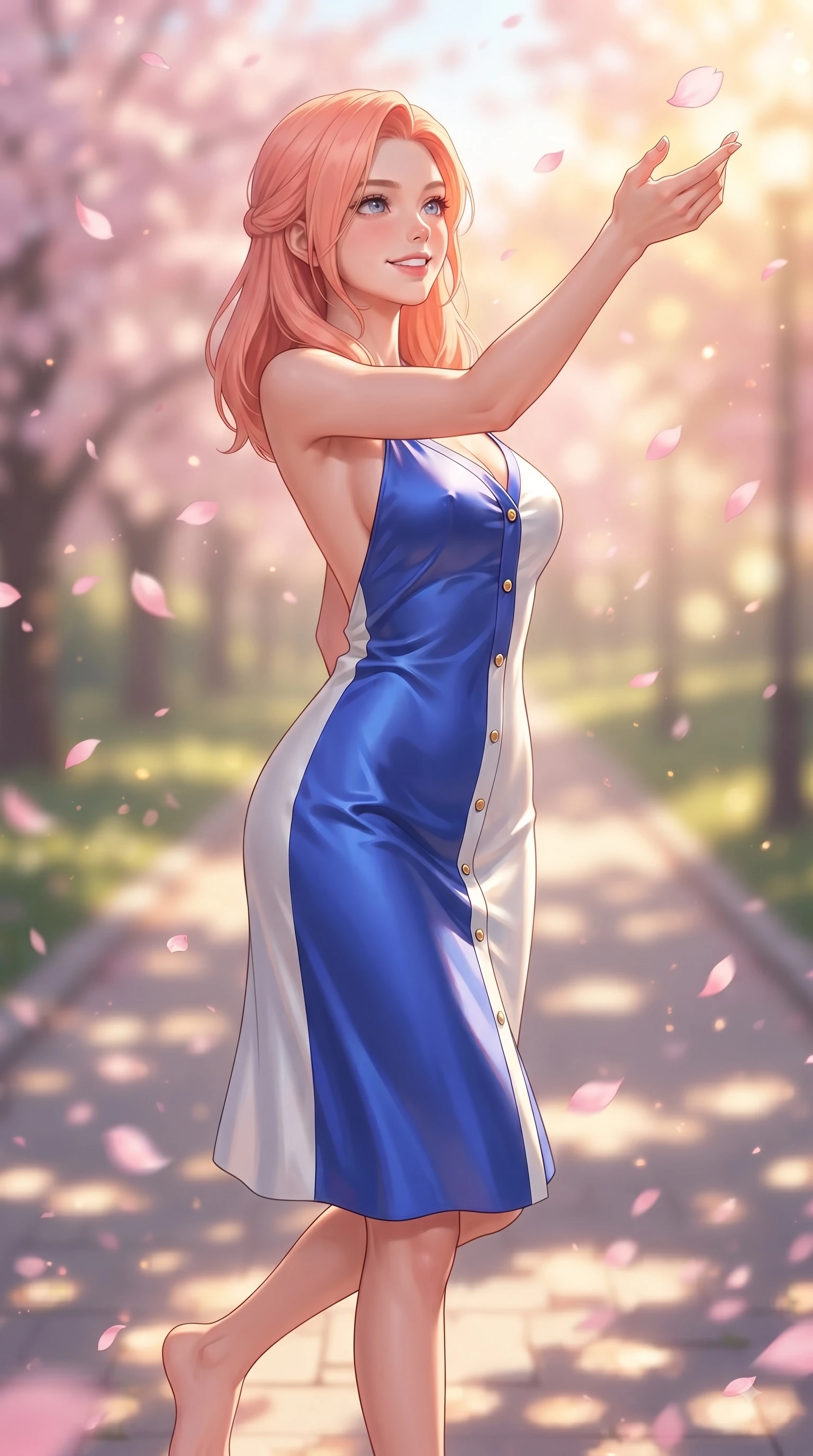 score_9, masterpiece, best quality, ultra-detailed, high-budget anime keyframe, editorial fashion photography, tasteful artistic composition, Japanese woman. close-up cowboy shot from the waist and thighs up, the character dominates the composition, filling the frame with her large presence. Extending one arm in an elegant stretch toward the light while smiling with vibrant, youthful self-assurance while reaching her hand up playfully to catch a floating blossom petal in mid-air. The composition keeps background elements in soft focus with dreamy bokeh. fluttering sakura petals and sunlit park paths softened in romantic background blur. She has an exceptionally elegant, slender, and willowy female figure with an ultra-slim waist, a gracefully sculpted slender torso, and a refined silhouette. sharp v-shaped jawline, high-bridge nose, intricate jewel-like eyes with depth, thick eyelashes, glossy lips with a natural sheen, flawlessly proportioned anatomical accuracy, natural body alignment, perfectly sculpted elegant limbs, clean dynamic posture without body distortion. wearing a precision-fitted liquid satin slip dress with fluid draped lines and an open back in vibrant cobalt blue and crisp snow white, made of premium stretch jersey that follows her curves like a glove, adorned with delicate gold buttons along the front, the sleek second-skin texture accentuating her magnetic presence. bathed in bright morning sunbeams and warm golden sakura backlighting. ultra-reflective glossy finish, specular highlights, metallic sheen, high-contrast stereoscopic depth, volumetric dynamic lighting, 2k, ultra detail, master piece, 9:16 ratio