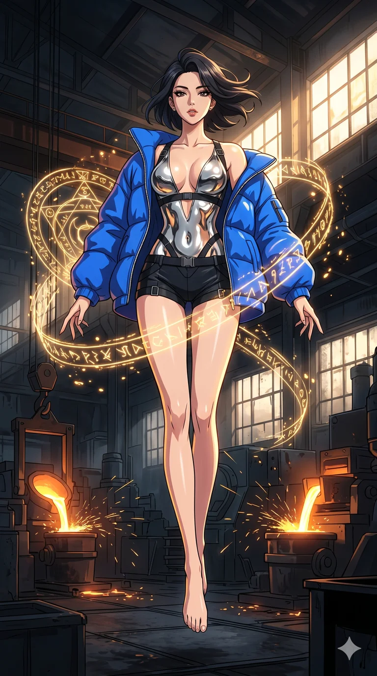 score_9, masterpiece, best quality, ultra-detailed, High-budget Anime Keyframe, vibrant colors, fluid line-art, expressive lighting, cinematic composition, Ufotable-style visual effects, top-tier animation quality, Korean woman with idol-like refined features. Dynamic full-body shot stretching the vertical silhouette, capturing her from a powerful low-angle perspective. Performing a high-speed mystical ritual in a temple of pure light, her body surrounded by orbiting golden runes and symbols. She has an absolutely perfect 8-heads proportion, an exceptionally tall and slender female figure with impossibly long slender legs and an ultra-slim waist, her statuesque height and towering silhouette dominating the vertical 9:16 frame. Her face is a masterpiece featuring a sharp v-shaped jawline, high-bridge nose, intricate jewel-like eyes with depth, thick eyelashes, and glossy lips with a natural sheen. She is wearing a Oversized puffer jacket worn over a micro-shorts and harness set, unzipped to reveal her chest crafted from Molten liquid mercury that flows and reflects the environment with metallic perfection, featuring a deep plunging neckline and delicate lace-up side details. The scene is set in a gritty industrial factory with glowing molten metal, flying sparks, and deep shadows, illuminated by golden hour sunlight that gives her skin a warm, radiant glow. 2k, ultra detail, master piece, 9:16 ratio
