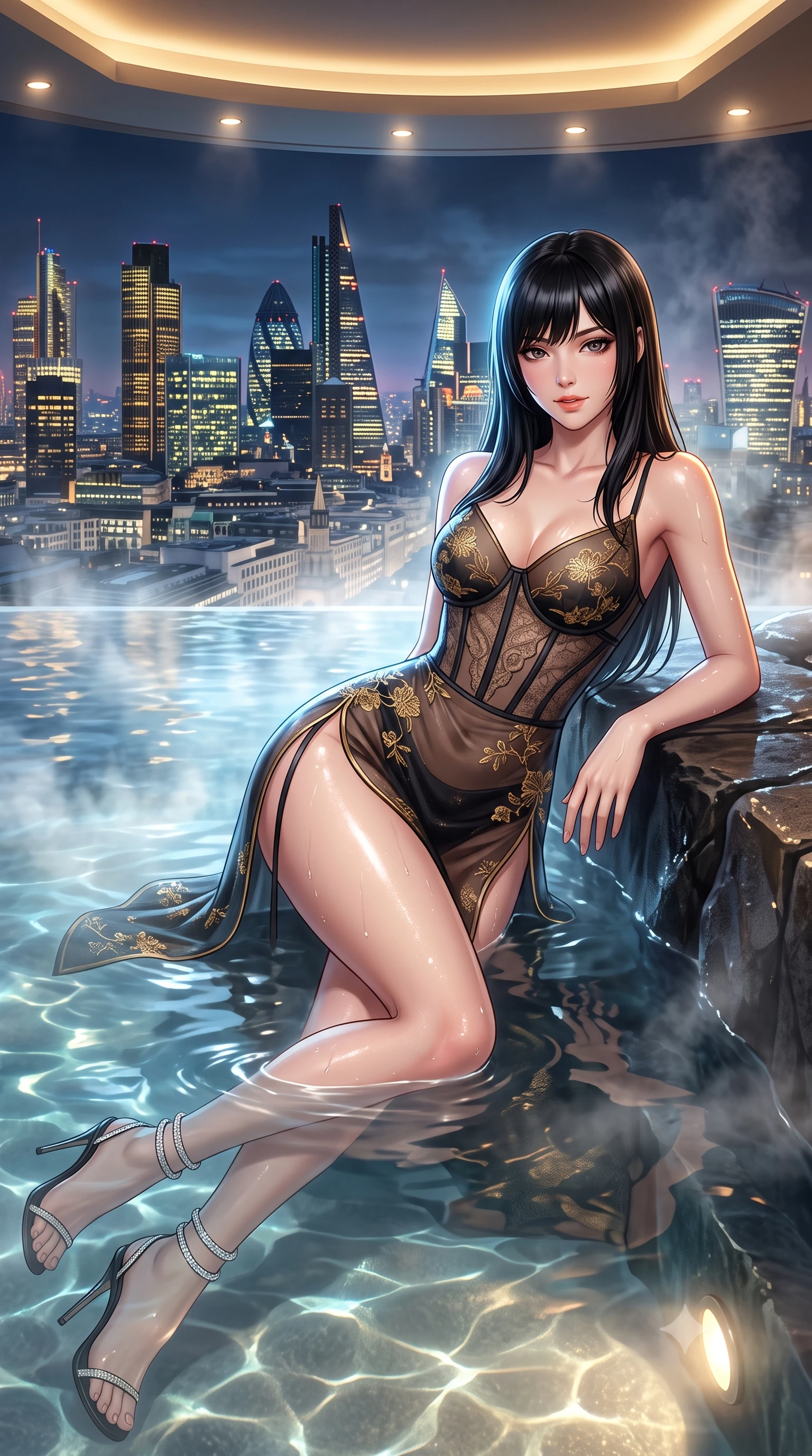 score_9, masterpiece, best quality, ultra-detailed, high-budget anime keyframe, semi-realistic 3D game render, editorial fashion photography, tasteful artistic composition, Caucasian woman. close-up cowboy shot from the waist and thighs up, the character dominates the composition, filling the frame with her large presence. leaning forward while arching her lower back to accentuate her curvy hips, looking into the camera with an intoxicating smoldering gaze and bedroom-eyes while lounging in the steaming water propped on the dark stone rim with legs extended, her statuesque 8.5-heads silhouette commanding the metropolis. The surrounding environment is rendered in vivid detail and crisp panoramic clarity: detailed sculpted underwire corset in sheer British lace, exposed boning, sheer pencil skirt slit, and modern skyscraper architecture in high resolution. She has an exceptionally elegant, slender, and willowy female figure with an ultra-slim waist, flat toned midriff, narrow ribcage, and sculpted feminine hips creating an alluring, slim hourglass silhouette without bulk. sharp v-shaped jawline, high-bridge nose, intricate jewel-like sparkling eyes with depth, thick eyelashes, glossy parted lips with a natural peach sheen, bright cheerful beaming smile with an enchanting and coquettish sensual glint, exuding both youthful cute charm and seductive allure, flawlessly proportioned anatomical accuracy, strict slender model proportions, natural body alignment, perfectly sculpted long slender limbs, ultra-slim waistline, clean dynamic posture without body distortion. wearing a gossamer sheer mesh slip dress with delicate gold embroidery and hip-high double side slits in Shanghai noir black and imperial 24k gold, made of delicate embroidered tulle lace with intricate floral motifs and soft transparency, complemented by strappy stiletto sandals with crystal ankle wraps accentuating her slender calves, the second-skin tailored fabric adhering flawlessly to her sculpted flat midriff and slender torso, emphasizing her long leg lines and perfectly proportioned willowy build. bathed in the cool ambient glow of the illuminated London skyline mixed with warm 2800K recessed cove downlights. highly saturated vibrant anime colors, detailed shading with soft gradients, rich glossy textures, high-contrast stereoscopic depth, volumetric dynamic lighting, master piece, 9:16 ratio