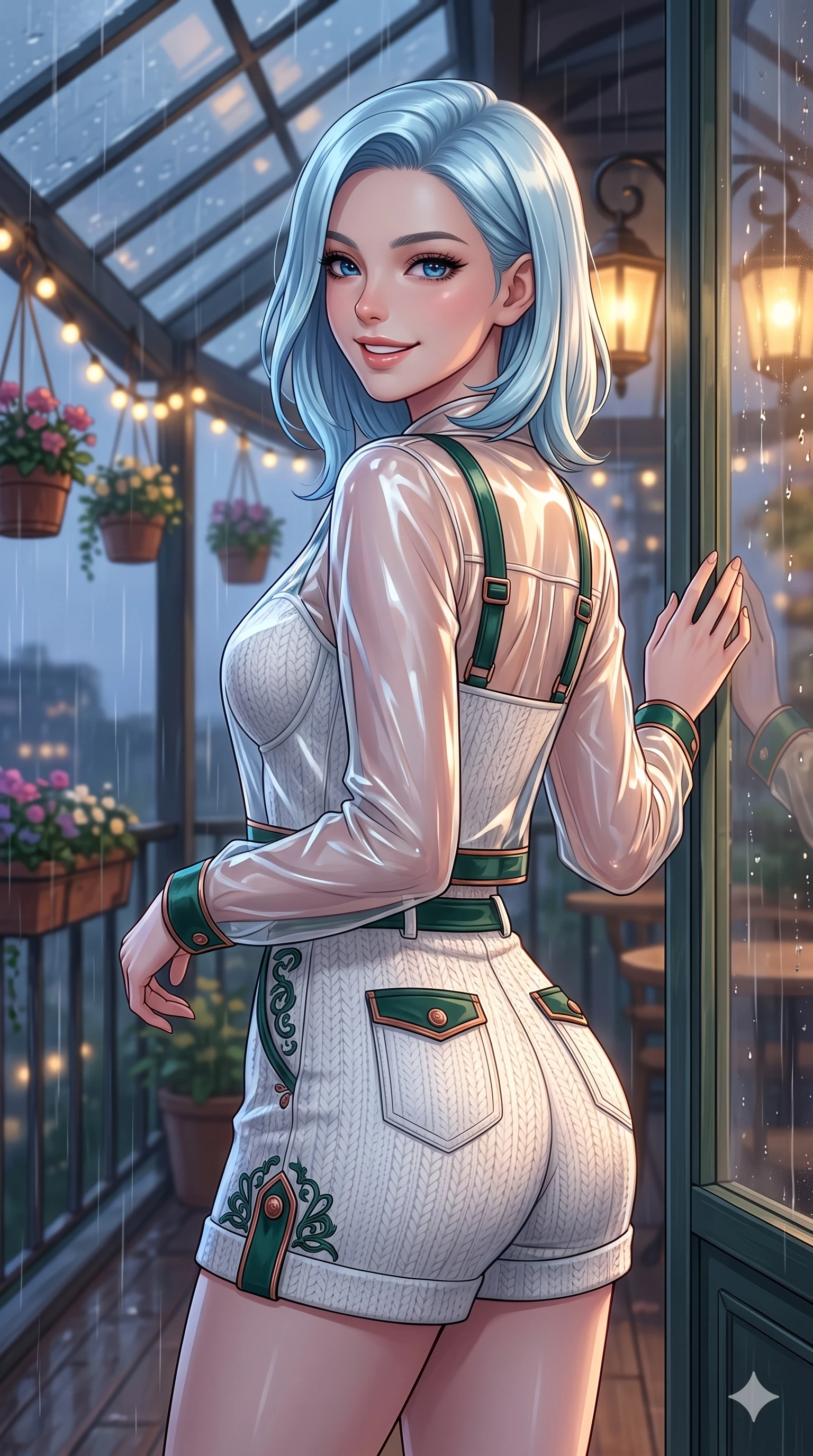 score_9, masterpiece, best quality, ultra-detailed, high-budget anime keyframe, vibrant anime aesthetic, Korean woman. close-up cowboy shot from the waist and thighs up, the character dominates the composition, filling the frame with her large presence, background elements kept in soft focus. She is posing near glass greenhouse panels, smiling delightfully over her shoulder, gazing softly at the camera lens with a lively, expressive stance. the background shows a soft-focus glass-roofed balcony decorated with hanging flower pots and warm fairy lights, under a steady rainfall (Code-P22-158). She has an absolutely perfect proportion, an exceptionally elegant and slender female figure with an ultra-slim waist. V-shaped jawline, high-bridge nose, intricate jewel-like eyes with depth, thick eyelashes, glossy lips with a natural sheen. wearing a translucent patent-gloss top over a white textured knit structured bodice and knit shorts in dark emerald and copper details. She is bathed in soft twilight glow mixed with warm lantern lights, highlighting her V-shaped jawline inside the retro conservatory cafe. 2k, ultra detail, master piece, 9:16 ratio