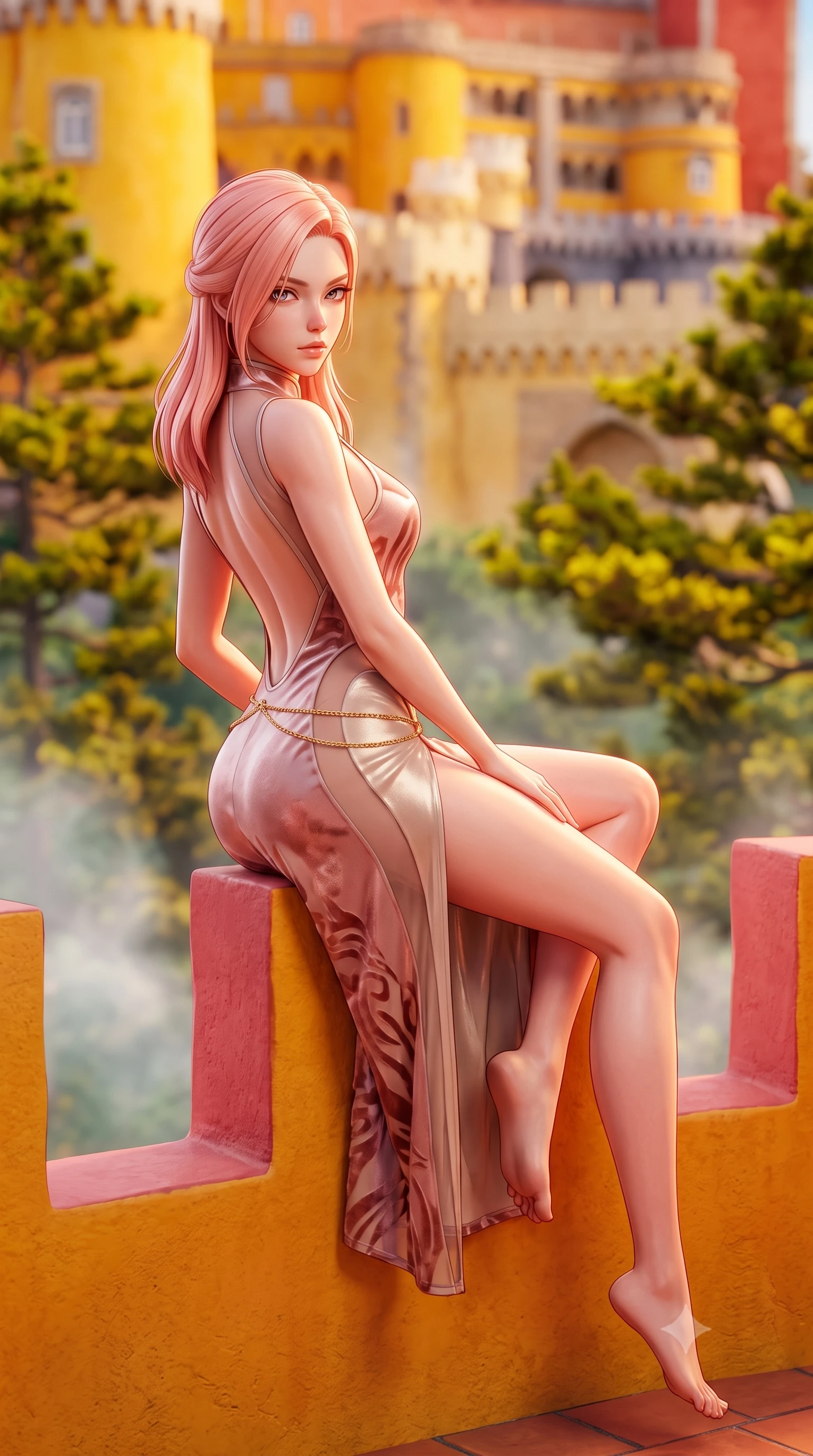 score_9, masterpiece, best quality, ultra-detailed, high-budget anime keyframe, semi-realistic 3D game render, editorial fashion photography, tasteful artistic composition, Japanese woman. low angle full-body shot from head to toe showing her feet, filling the entire 9:16 vertical frame with her statuesque presence, stretching her vertical silhouette. reclining on her side in an elegant Cleopatra pose with one knee drawn up, the dramatic contour of her rounded hips and long slender legs commanding the 9:16 vertical frame while standing on the vivid ochre and rose-red castle rampart balcony, arching her lower back as Atlantic coastal mist swirls through the enchanted forest below. The composition keeps background elements in soft focus with creamy bokeh. vibrant yellow and terracotta castle battlements and lush mossy pine tree canopies blurred into mustard, coral, and emerald bokeh. She has an exceptionally tall and slender model-like 8.5-heads proportion, an ultra-slim waist, a flat toned midriff, narrow delicate ribcage, and beautifully sculpted feminine hips creating a graceful, slim hourglass silhouette without any bulky heaviness, with impossibly long slender legs. sharp v-shaped jawline, high-bridge nose, intricate jewel-like eyes with depth, thick eyelashes, glossy parted lips with a natural sheen, intensely captivating and seductive bedroom-eyes expression, flawlessly proportioned anatomical accuracy, strict slender model proportions, natural body alignment, perfectly sculpted long slender limbs, ultra-slim waistline, clean dynamic posture without body distortion. wearing a wet-look silk fusion wrap dress with asymmetrical sheer mesh cutouts and high Mandarin collar in dusky blush rose and champagne shimmer, made of sheer contouring power-mesh with velvet flocking patterns, accented with a delicate gold chain belt resting loosely on her curvy hips, the dramatically scooped open back descending to the base of her spine, accentuating her razor-sharp statuesque lines and slim hourglass silhouette. illuminated by warm terracotta wall bounce fill sharply sculpting her razor-sharp jawline, narrow waist, and curvy hips. highly saturated vibrant anime colors, detailed shading with soft gradients, rich glossy textures, high-contrast stereoscopic depth, volumetric dynamic lighting, master piece, 9:16 ratio