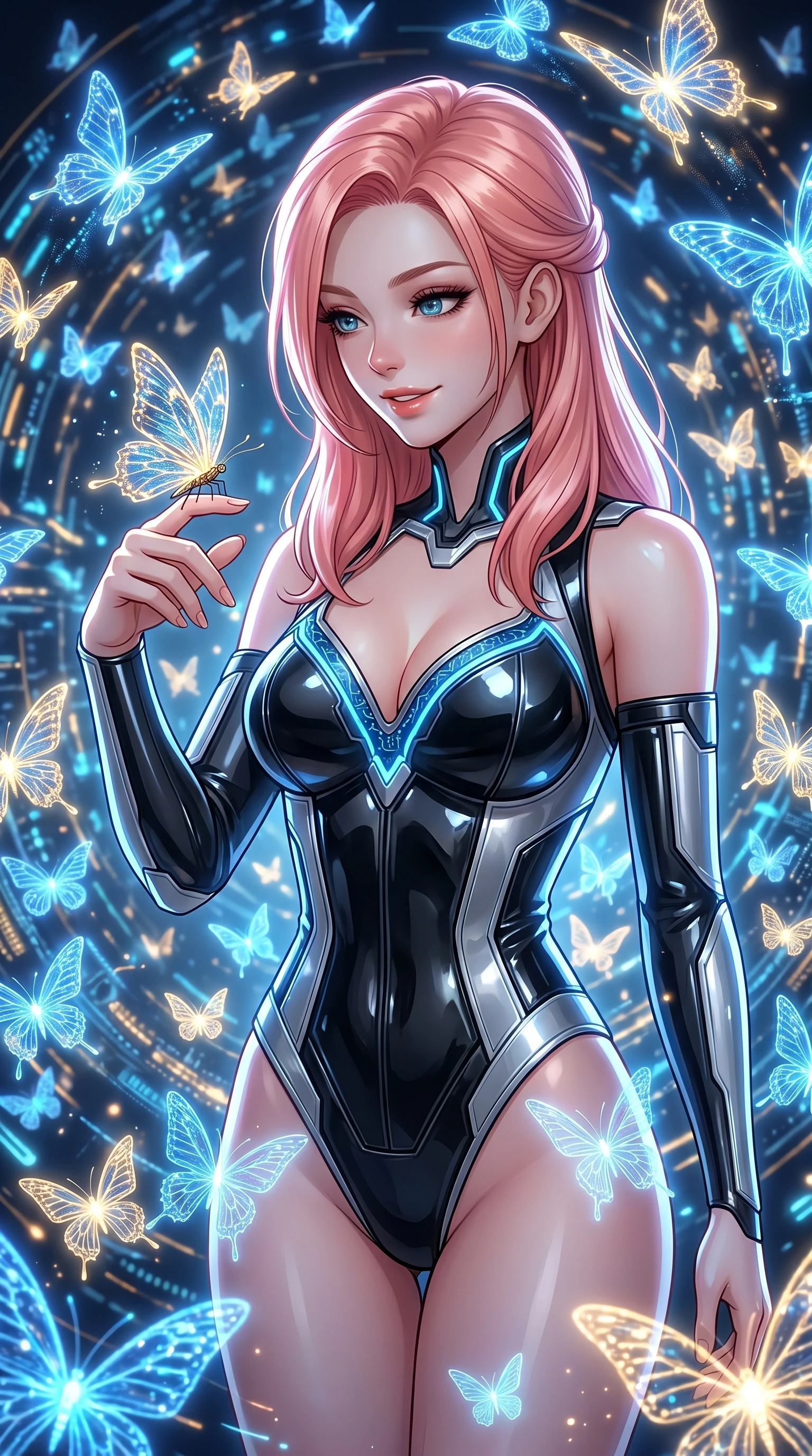 score_9, masterpiece, best quality, ultra-detailed, high-budget anime keyframe, editorial fashion photography, tasteful artistic composition, Japanese woman. Upper body close-up from the thighs up, character filling the screen for maximum presence. She is surrounded by thousands of glowing digital butterflies that orbit her body. She reaches out to let one land on her finger, looking at it with a soft, captivating smile. She has an absolutely perfect 8-heads proportion, a tall and elegant figure with a refined silhouette and a defined waistline. V-shaped jawline, high-bridge nose, intricate jewel-like eyes with depth, thick eyelashes, glossy lips with a natural sheen. She is wearing a structured cybernetic bodice in glossy vinyl panels, paired with detached sleeves and a refined V-neckline detailed with glowing piping. The scene is lit by brilliant blue and gold light from the butterflies and a sharp side key light. 2k, ultra detail, master piece, 9:16 ratio