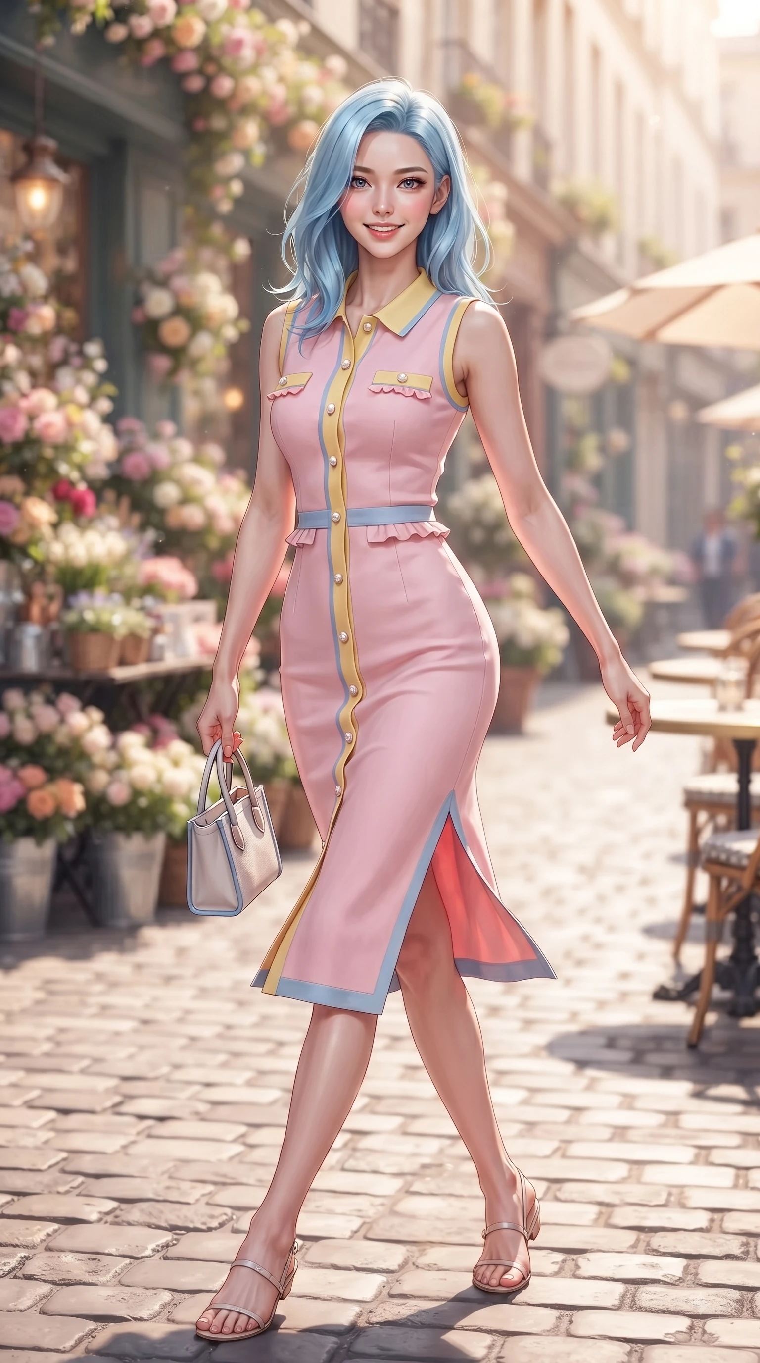 score_9, masterpiece, best quality, ultra-detailed, high-budget anime keyframe, editorial fashion photography, tasteful artistic composition, Korean woman. close-up cowboy shot from the waist and thighs up, the character dominates the composition, filling the frame with her large presence. Gazing directly into the camera with a fresh, infectious smile as her torso curves dynamically in mid-stride while walking dynamically down a cobblestone European-style street lined with blooming spring flower shops. The composition keeps background elements in soft focus with dreamy bokeh. sunlit outdoor cafe tables and decorative bloom displays blurring into gentle warm background light. She has an exceptionally elegant, slender, and willowy female figure with an ultra-slim waist, a gracefully sculpted slender torso, and a refined silhouette. sharp v-shaped jawline, high-bridge nose, intricate jewel-like eyes with depth, thick eyelashes, glossy lips with a natural sheen, flawlessly proportioned anatomical accuracy, natural body alignment, perfectly sculpted elegant limbs, clean dynamic posture without body distortion. wearing a form-flattering pastel pink sleeveless knit midi dress with a tasteful side slit in sunny daffodil yellow and clear sky blue, tailored from crisp cotton poplin, finished with subtle ruffle trims and delicate pearl buttons, the tailored casual silhouette highlighting her fresh and youthful presence. surrounded by a fresh, uplifting, and romantic spring street ambiance. ultra-reflective glossy finish, specular highlights, metallic sheen, high-contrast stereoscopic depth, volumetric dynamic lighting, 2k, ultra detail, master piece, 9:16 ratio